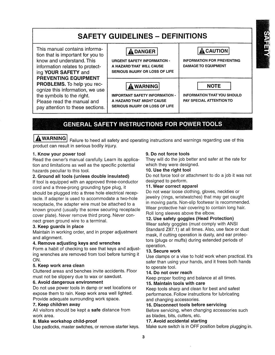 Sears 26462_0 owner manual Preventing Equipment, Make workshop child-proof 