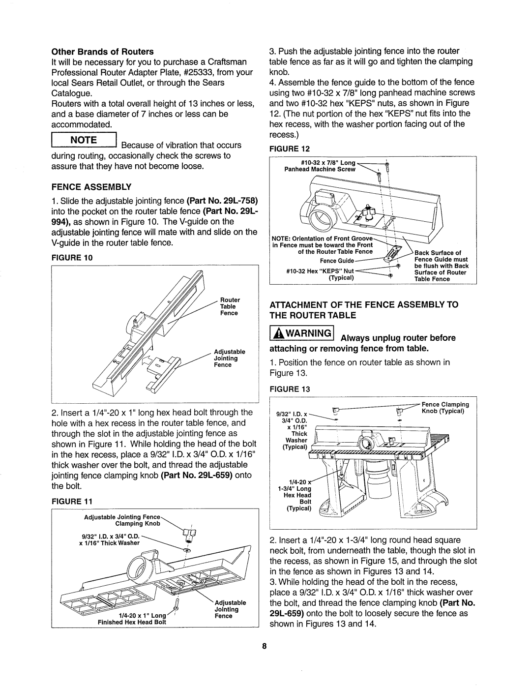 Sears 26462_0 owner manual Other Brands of Routers, Attachment of the Fence Assembly to Router Table 