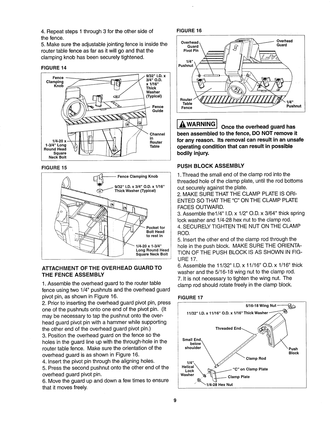 Sears 26462_0 owner manual Jwarningj, Push Block Assembly, Attachment of the Overhead Guard to 