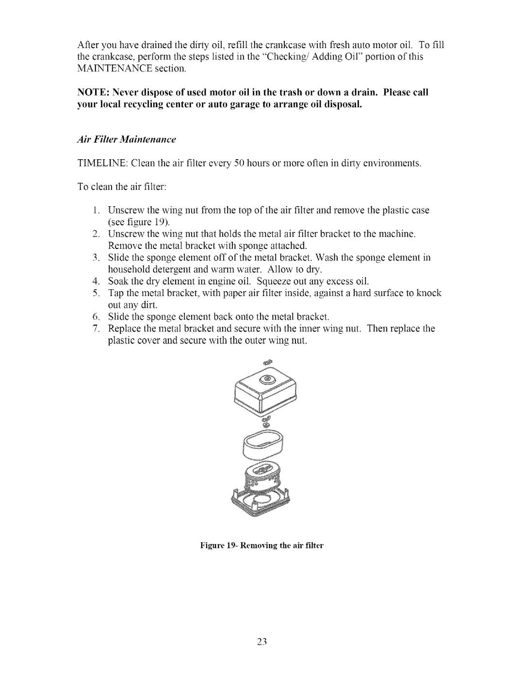 Sears 270-3250 owner manual Air Filter Maintenance 