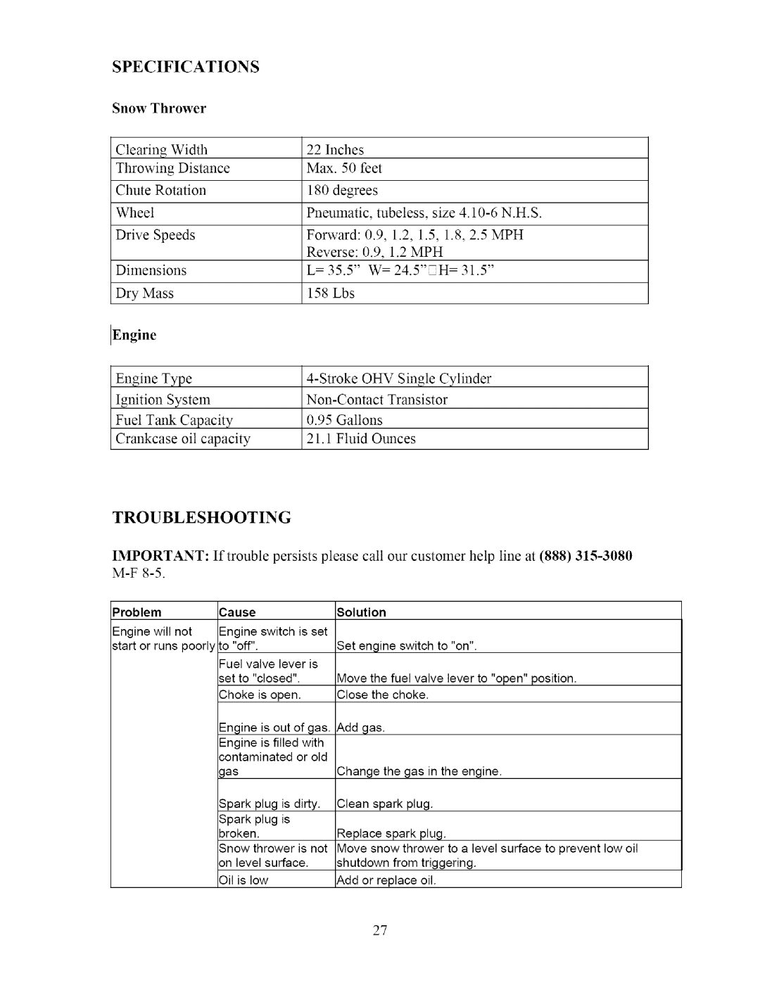 Sears 270-3250 owner manual Troubleshooting, ProblemCauseSolution 