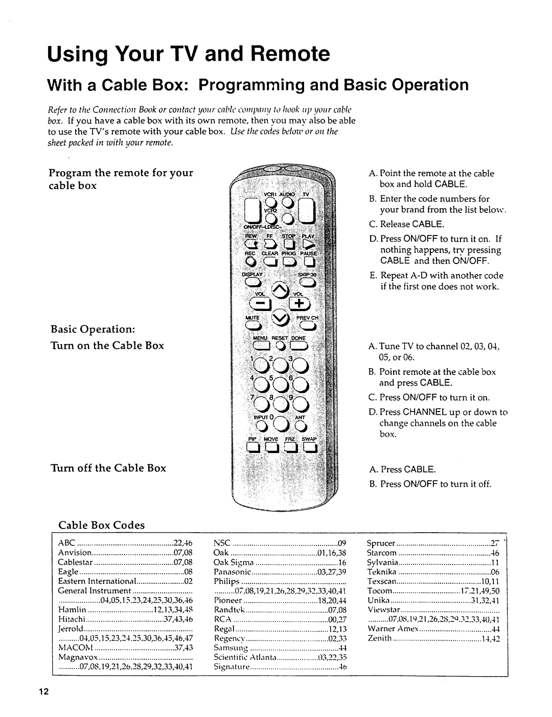 Sears 274.4279839 With a Cable Box Programming and Basic Operation, Program the remote for your cable box Basic Operation 