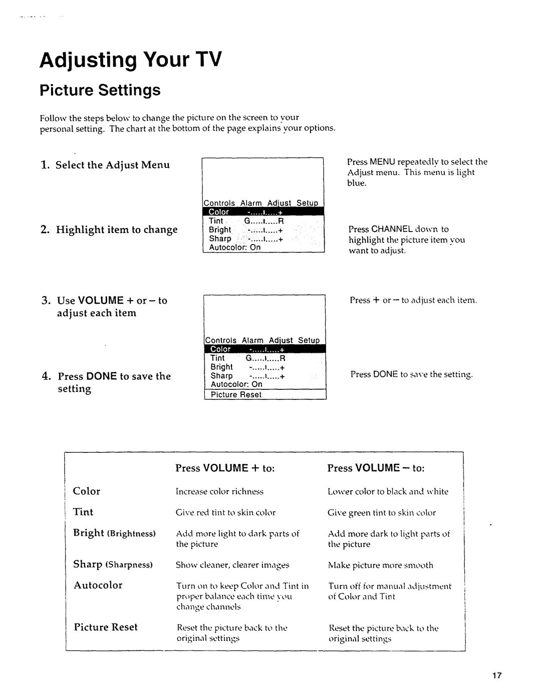 Sears 274.4279839 Adjusting Your TV, Select the Adjust Menu, Highlight item to change, Use Volume + or- to Adjust Each 