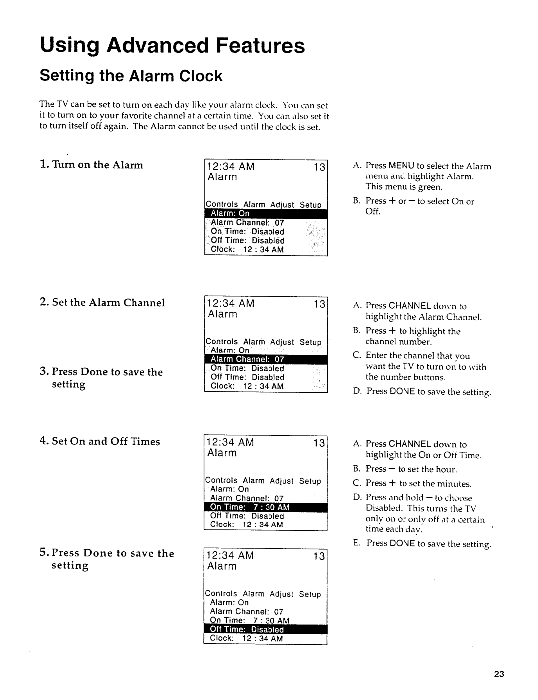 Sears 274.4279839 owner manual Setting the Alarm Clock, Press Done to save, Turn on the Alarm 