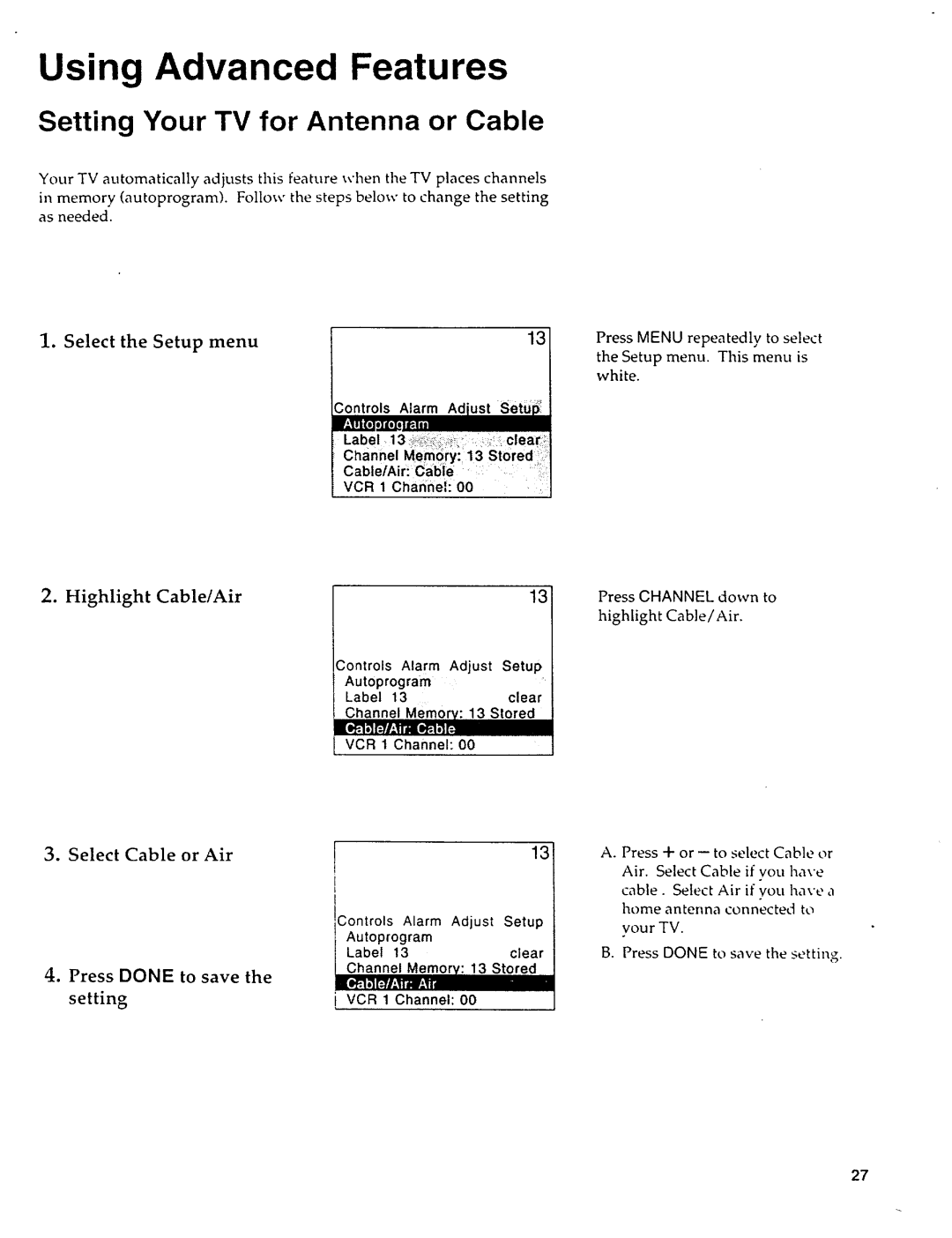 Sears 274.4279839 owner manual Setting Your TV for Antenna or Cable, Highlight Cable/Air, Select Cable or Air 