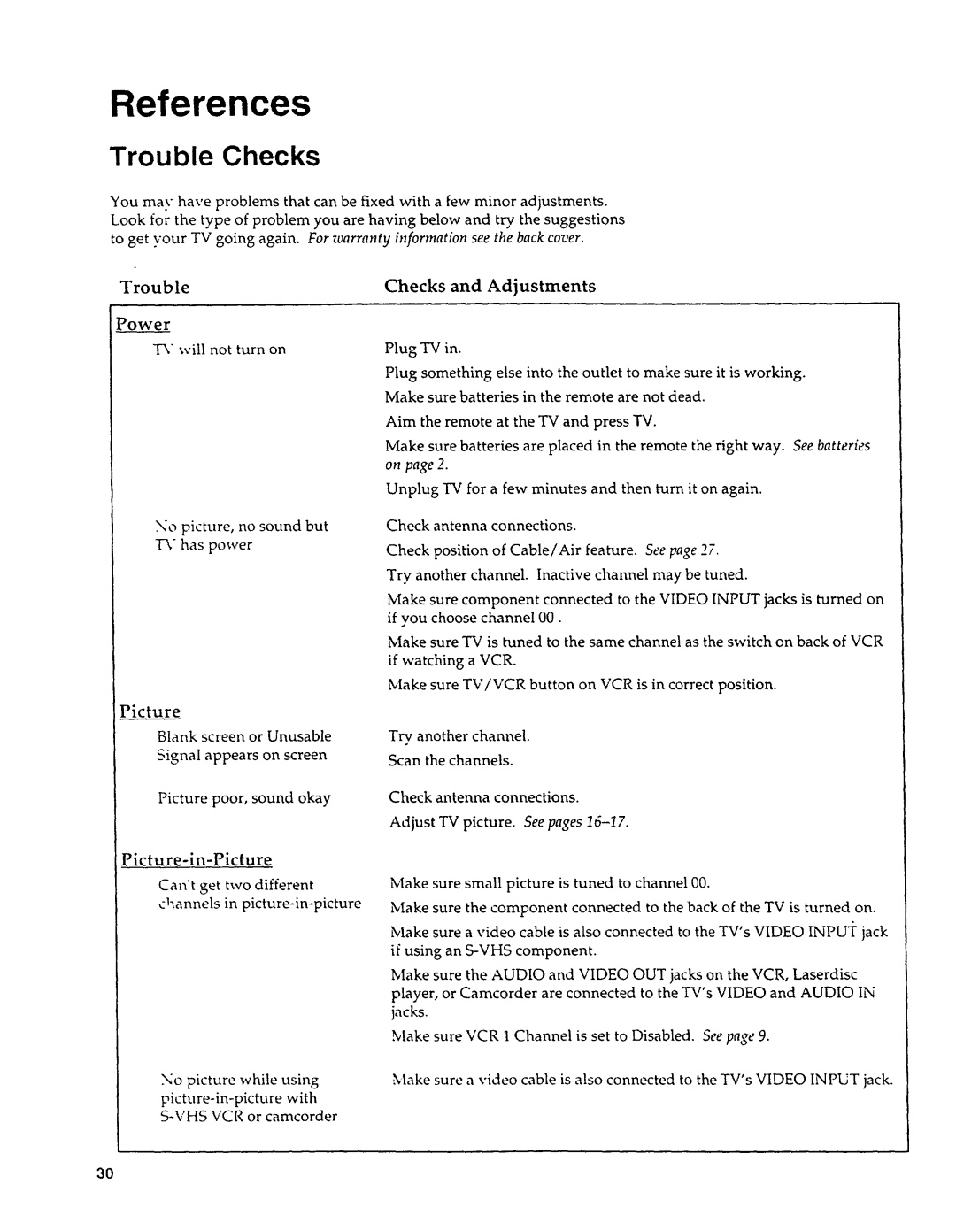 Sears 274.4279839 owner manual References, Trouble Checks, Trouble Power, Checks and Adjustments, Jacks 