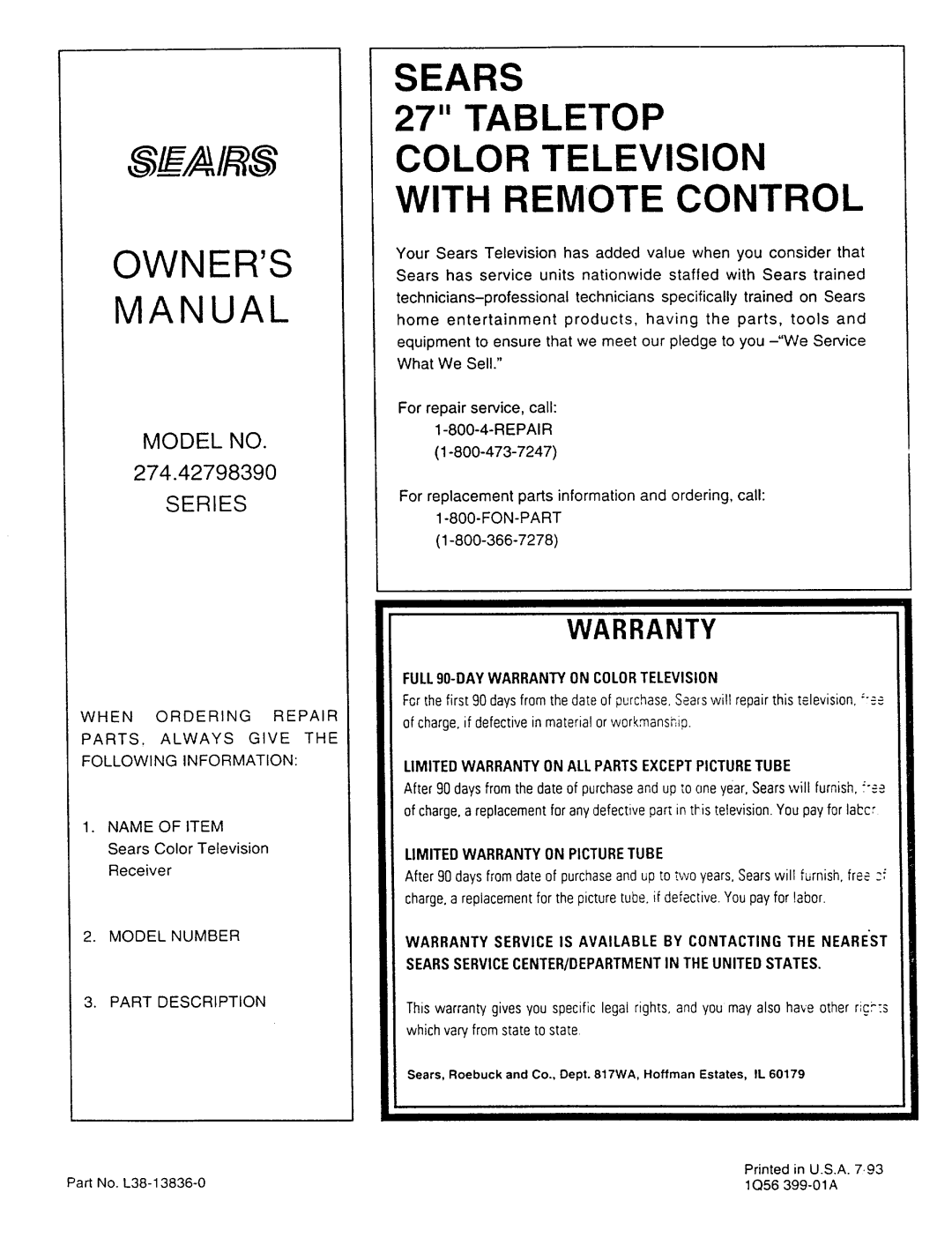 Sears 274.4279839 owner manual Sears Tabletop Color Television with Remote Control 