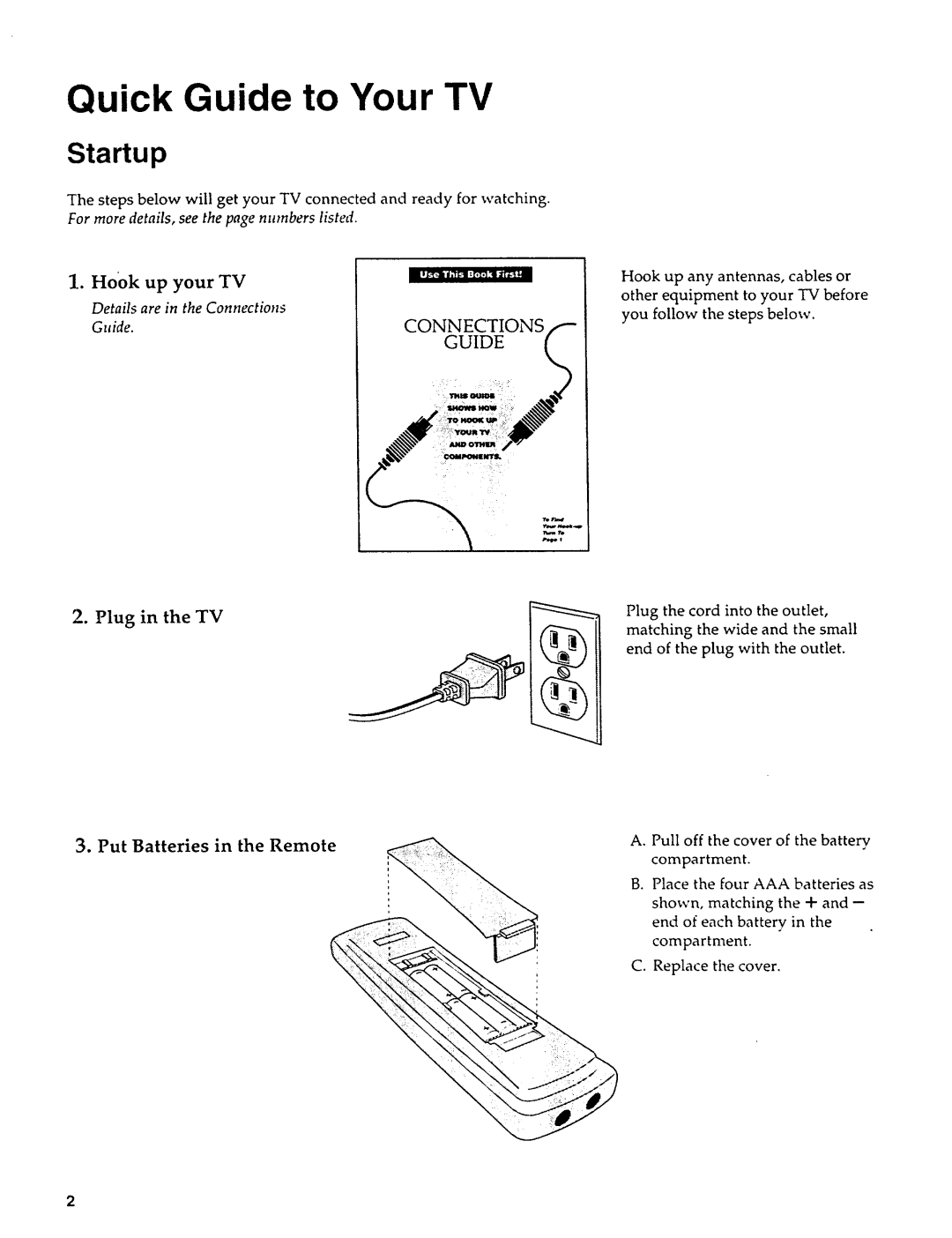 Sears 274.4279839 owner manual Quick Guide to Your TV, Hook up your TV, Plug in the TV, Put Batteries in the Remote 