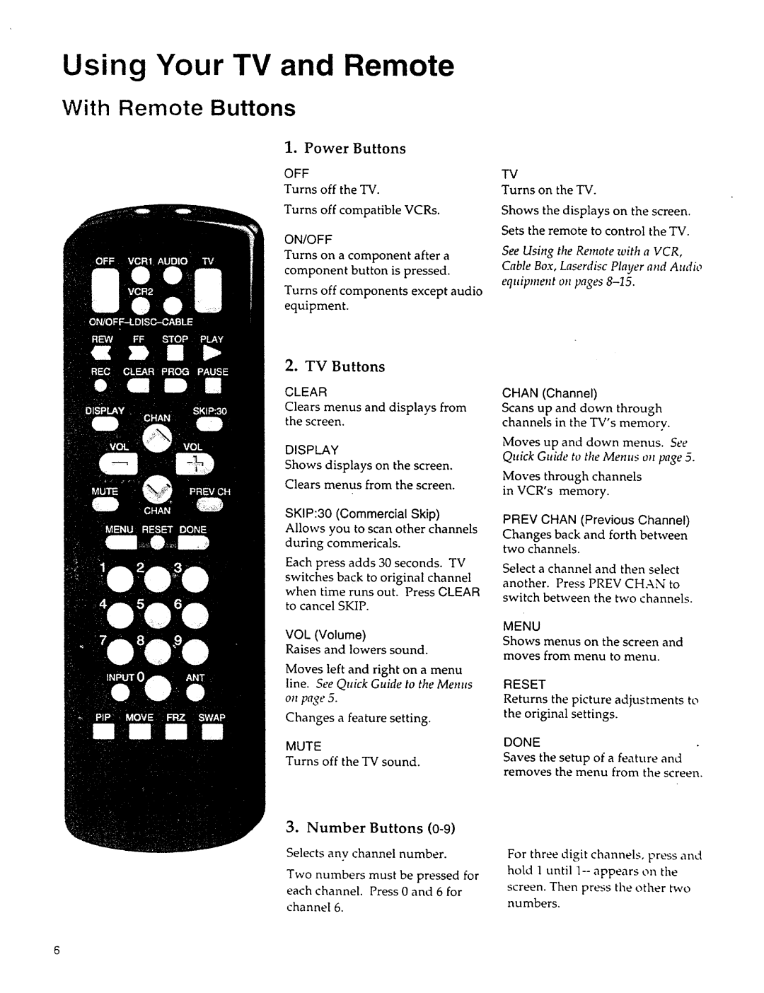 Sears 274.4279839 owner manual Using Your TV and Remote, With Remote Buttons, Power Buttons, Number Buttons 