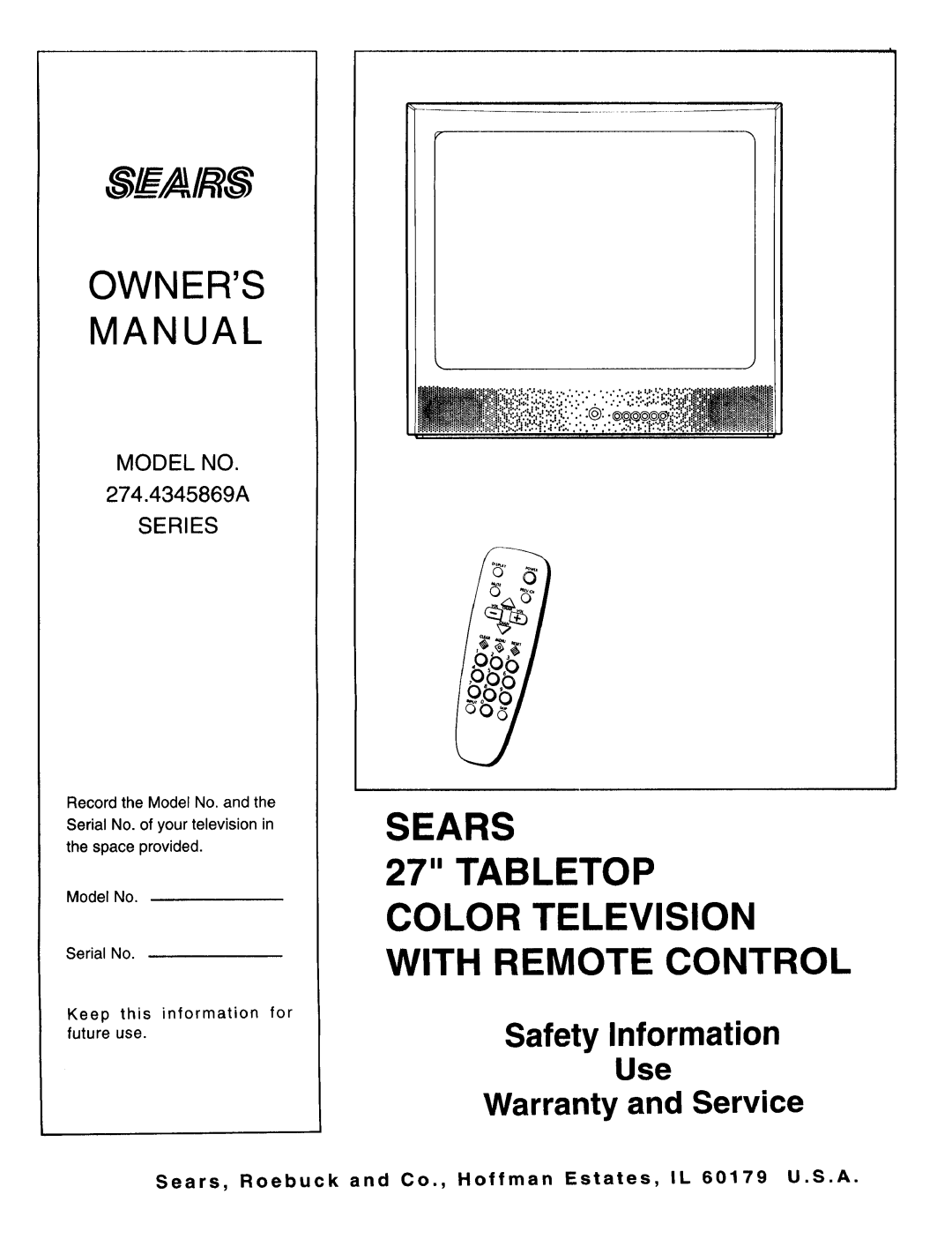 Sears 274.4345869A owner manual Owners Manual, Tabletop Color Television, With Remote Control, Sears, Safety Information 