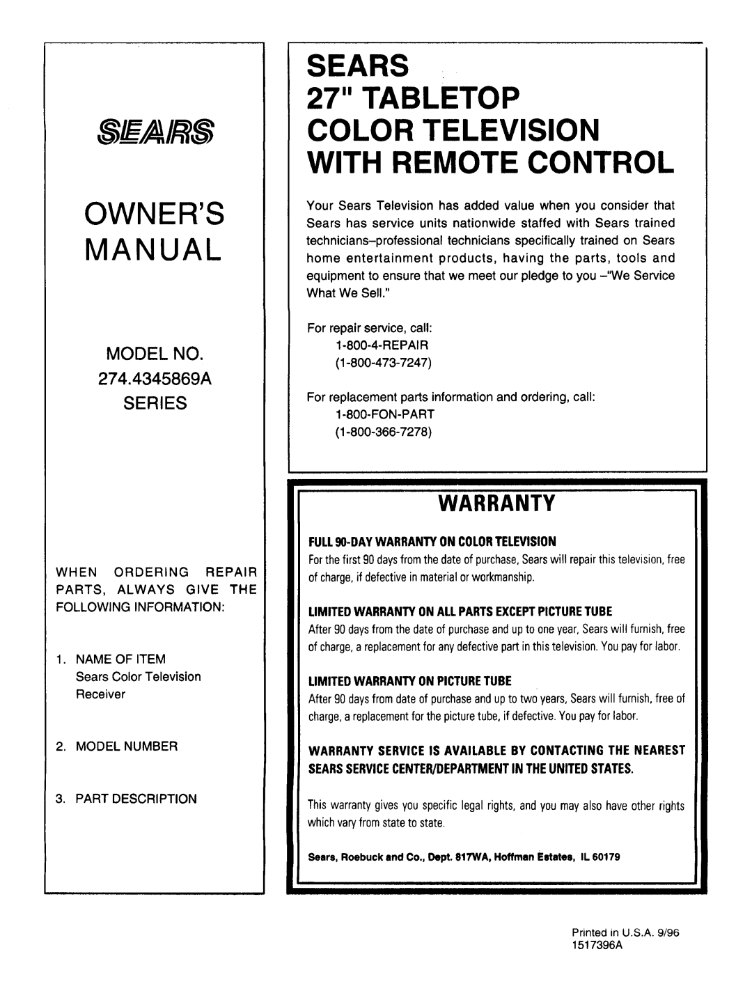 Sears 274.4345869A owner manual SEARS 27 TABLETOP COLOR TELEVISION WITH REMOTE CONTROL, Warranty, Owners Manual 