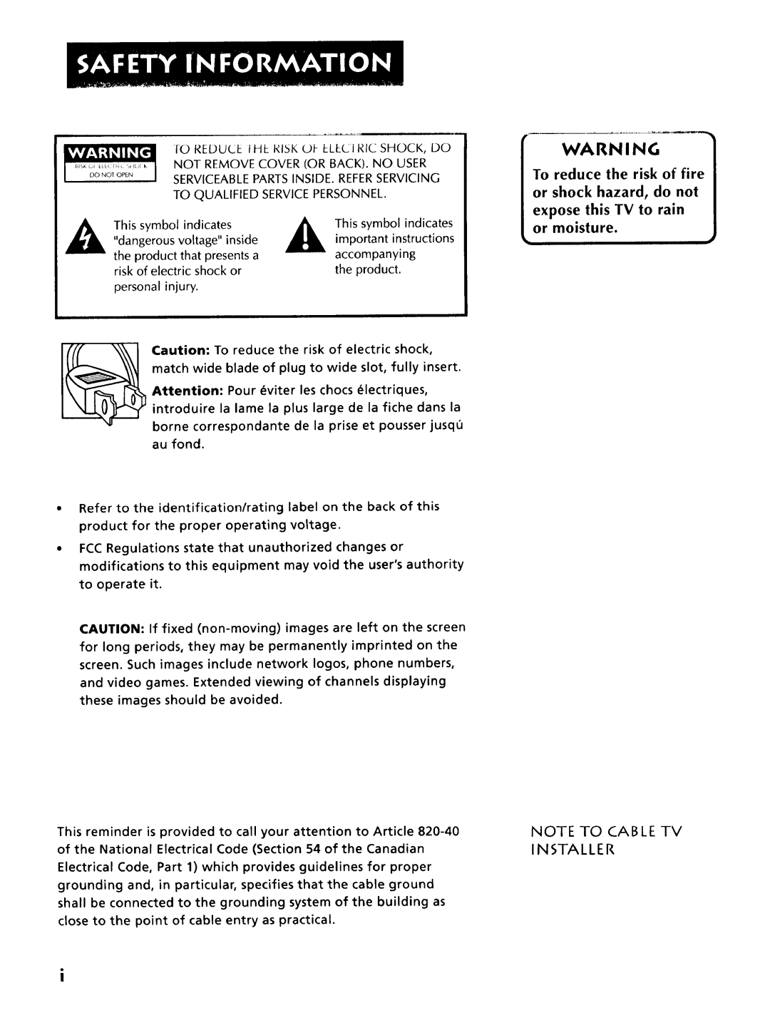Sears 274.4345869A owner manual Note To Cable Tv Installer, To reduce the risk of fire or shock hazard, do not 