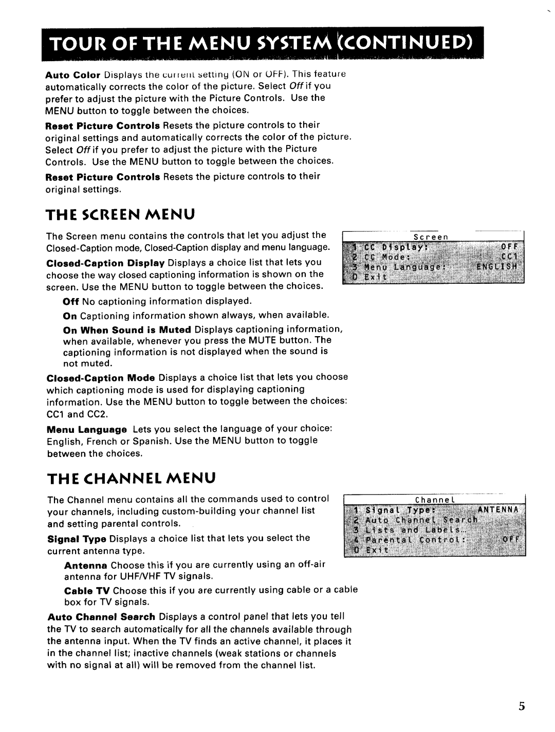 Sears 274.4345869A owner manual The Screen Menu, The Channel Menu 