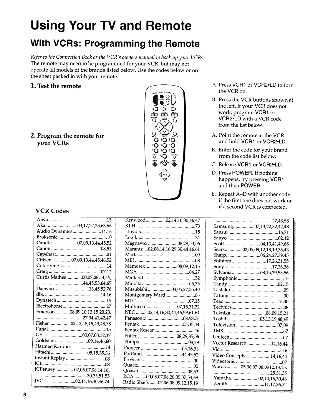 Sears 274.4372859 owner manual With VCRs Programming the Remote, Test the remote, Program the remote for your VCRs, Codes 