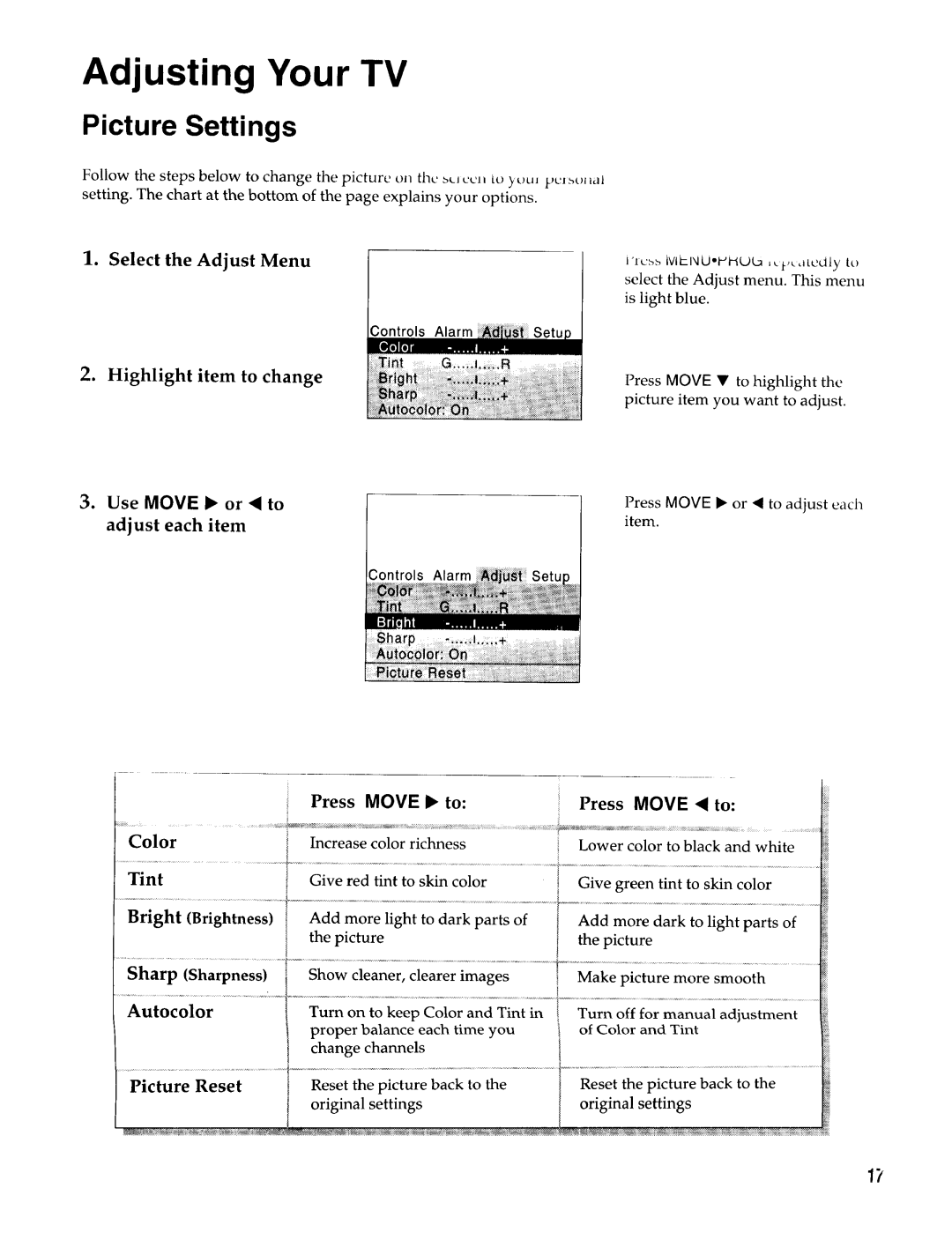 Sears 274.4372859 Picture Settings, Select the Adjust Menu, Highlight item to change Use Move or to Adjust each item 