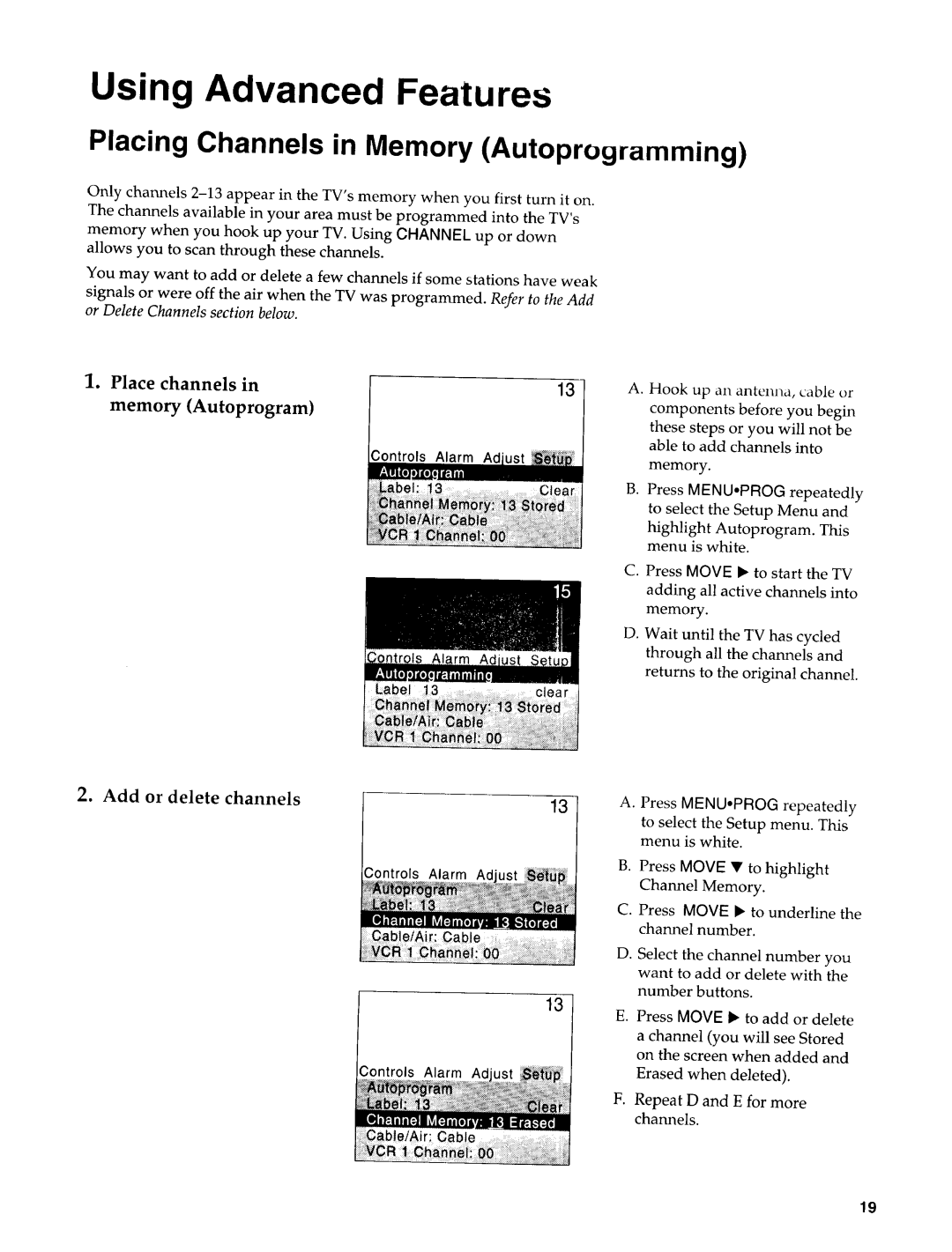 Sears 274.4372859 owner manual Using Advanced Features, Placing Channels in Memory Autoprogramming, Place channels 