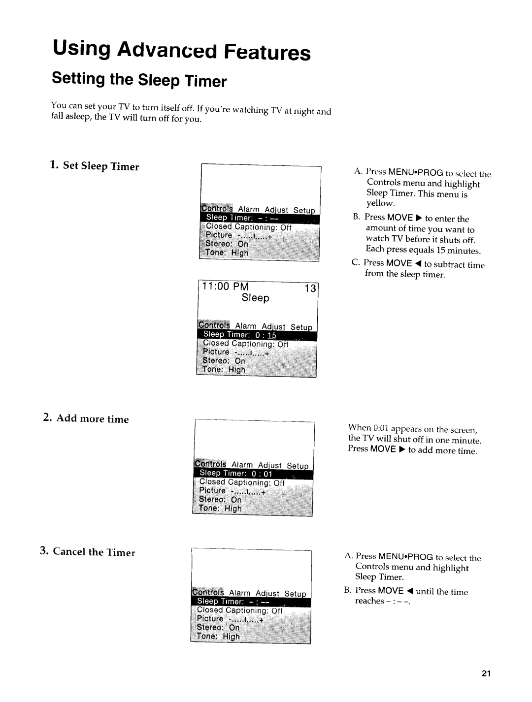 Sears 274.4372859 Setting the Sleep Timer, Set Sleep Timer, Add more time, Cancel the Timer, Alarm Ad Captioning= Of = 