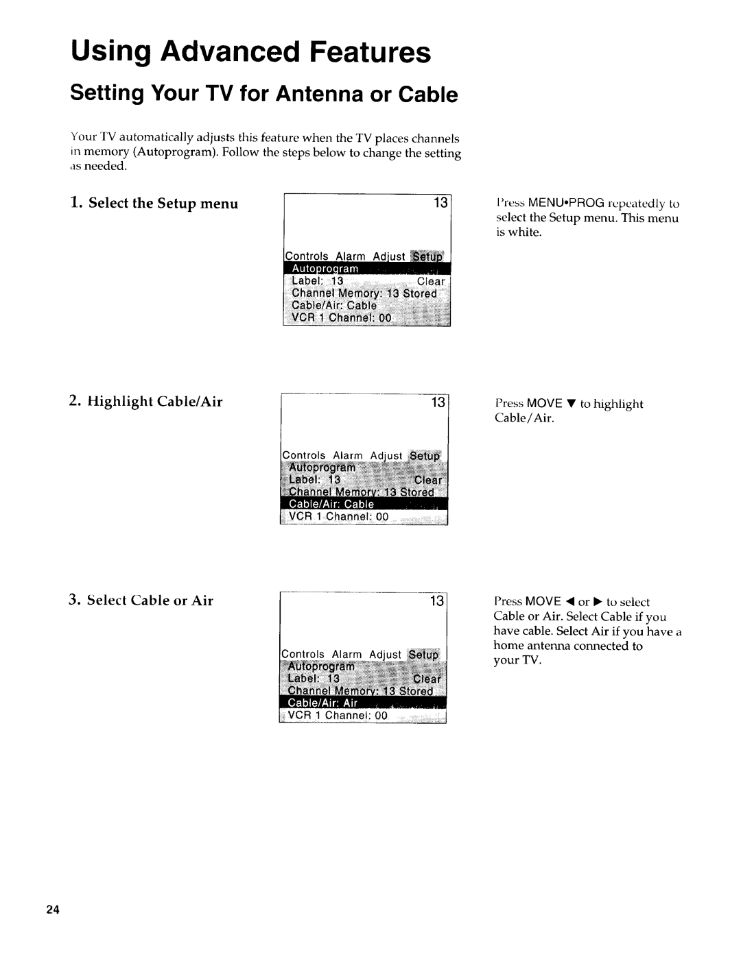 Sears 274.4372859 owner manual Setting Your TV for Antenna or Cable, Cable/Air, Select Cable or Air 