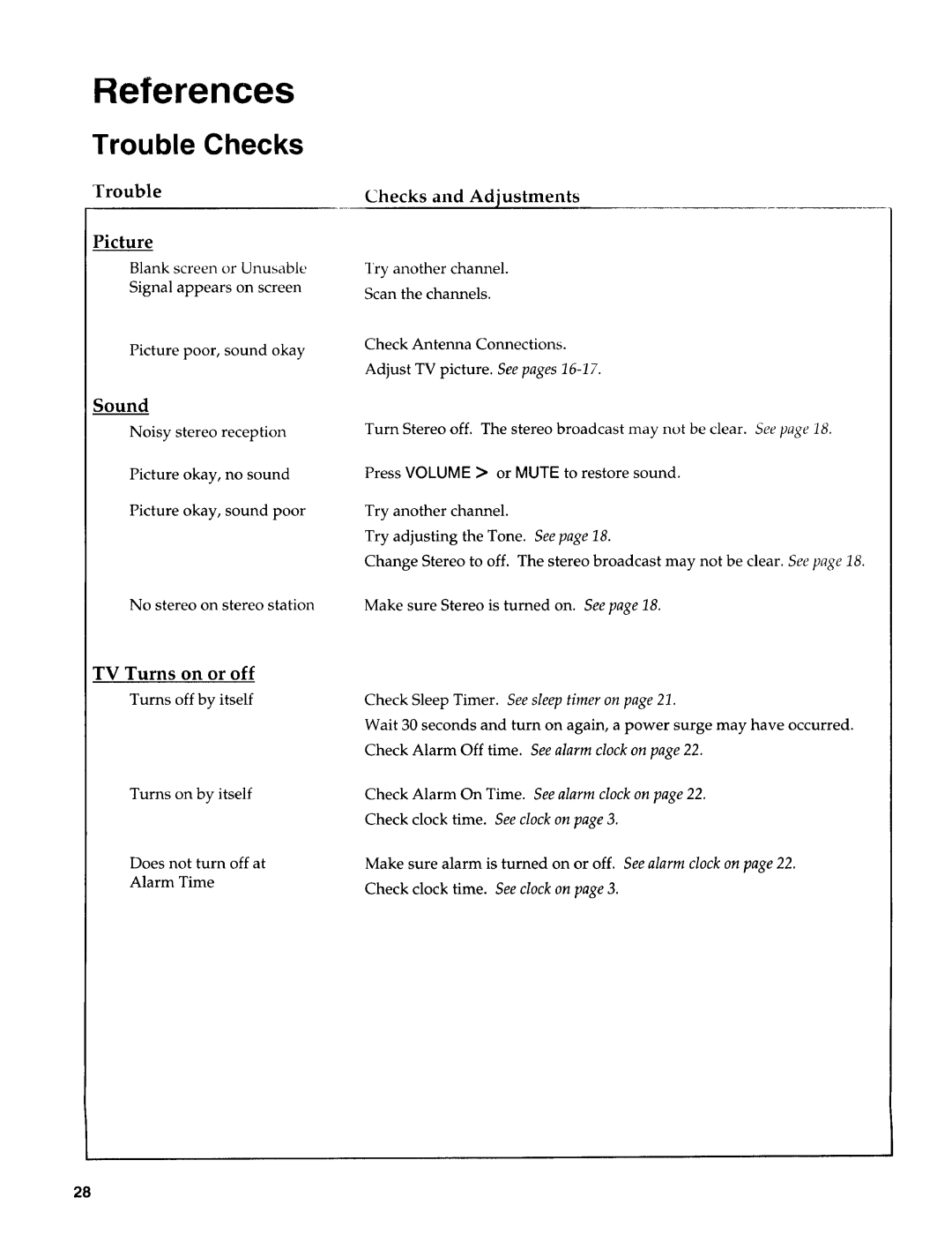 Sears 274.4372859 owner manual Sound, TV Turns on or off, Noisy stereo reception, Turns off by itself 