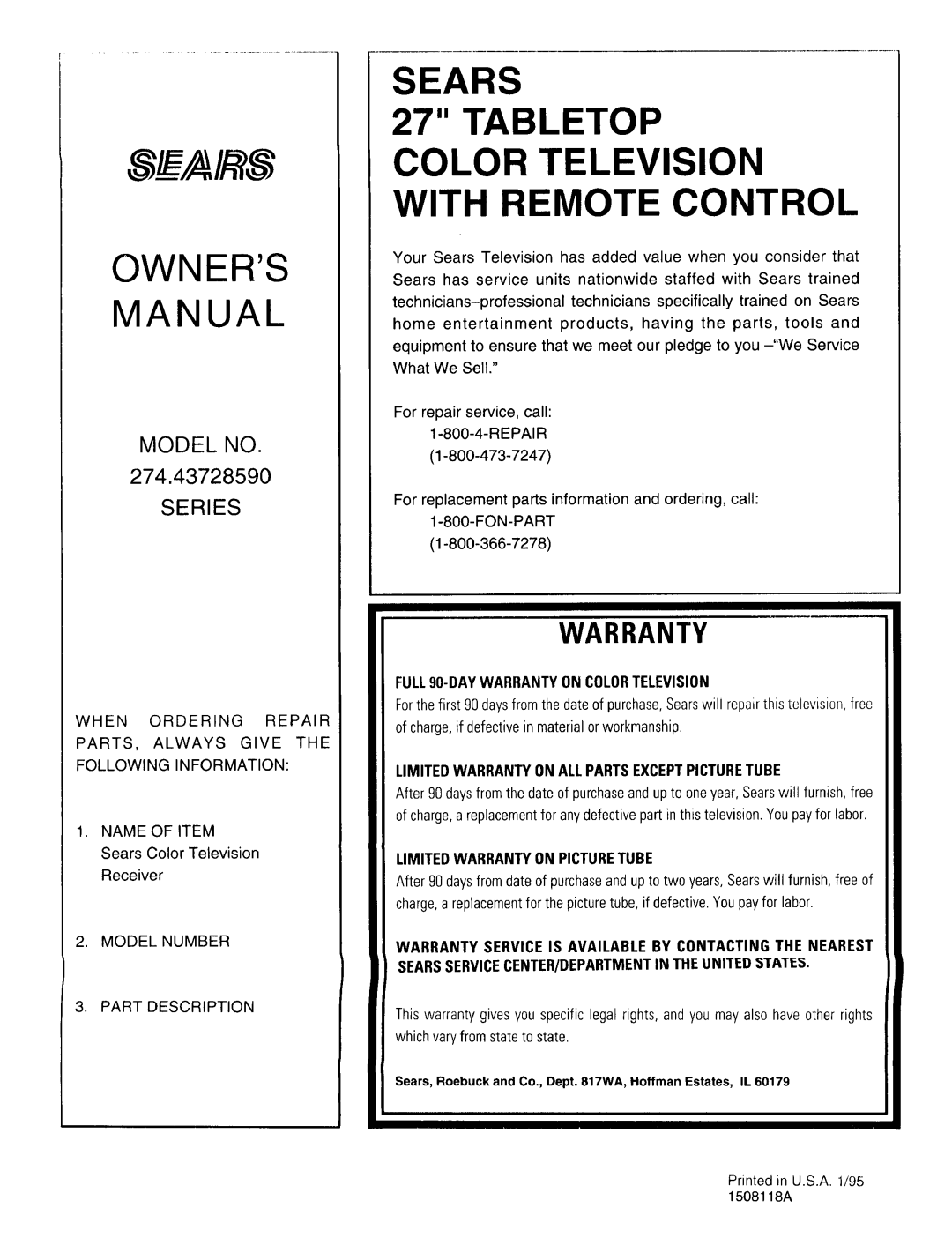 Sears 274.4372859 owner manual Tabletop Color Television with Remote Control, Name of Item Sears Color Television Receiver 