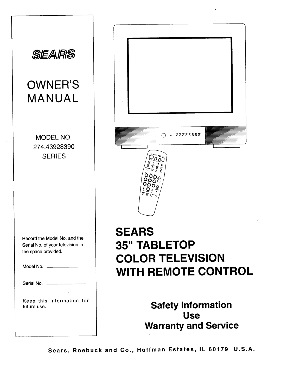 Sears 274.4392839 owner manual Sears Tabletop Color Television with Remote Control 