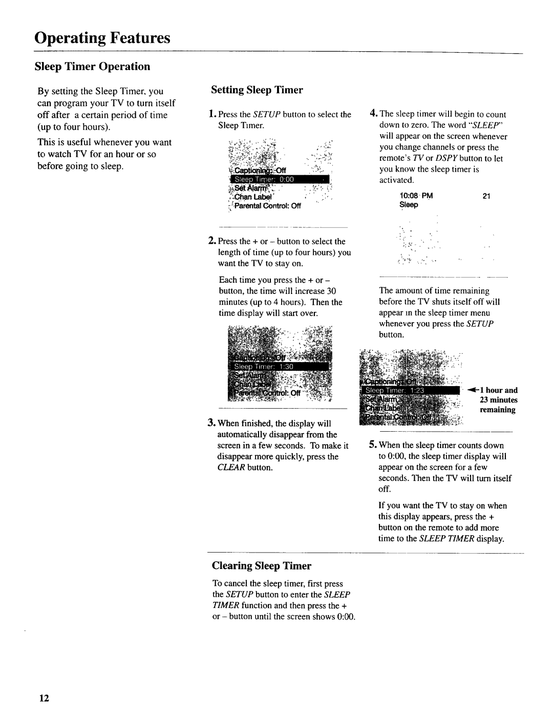 Sears 274.4392839 owner manual Sleep Timer Operation, Setting Sleep Timer, Hour Minutes Remaining 