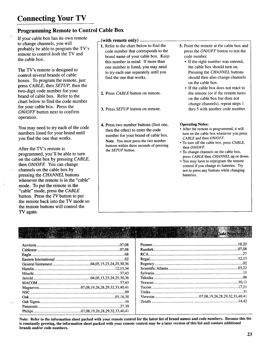 Sears 274.4392839 owner manual Programming Remote to Control Cable Box, Operating Notes 