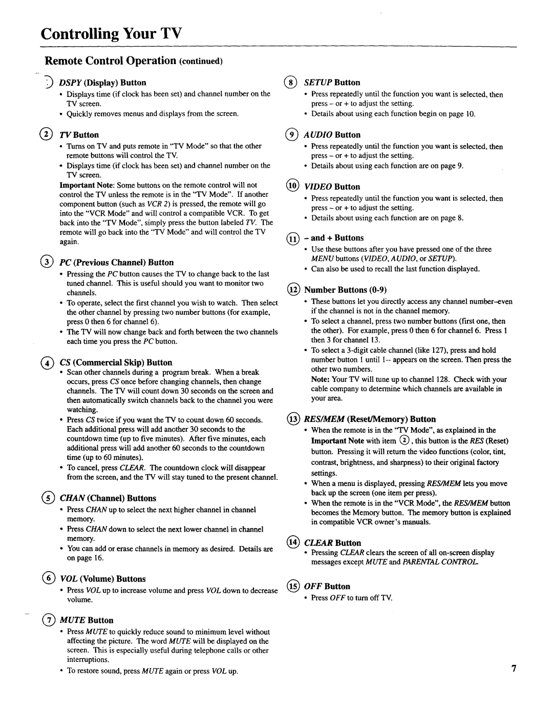 Sears 274.4392839 owner manual Remote Control Operation, PC Previous Channel Button 