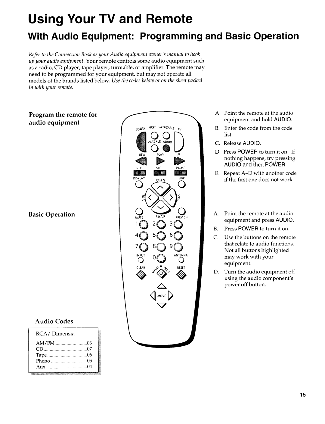 Sears 274.4394859 owner manual With Audio Equipment Programming and Basic Operation, Program the remote for audio equipment 