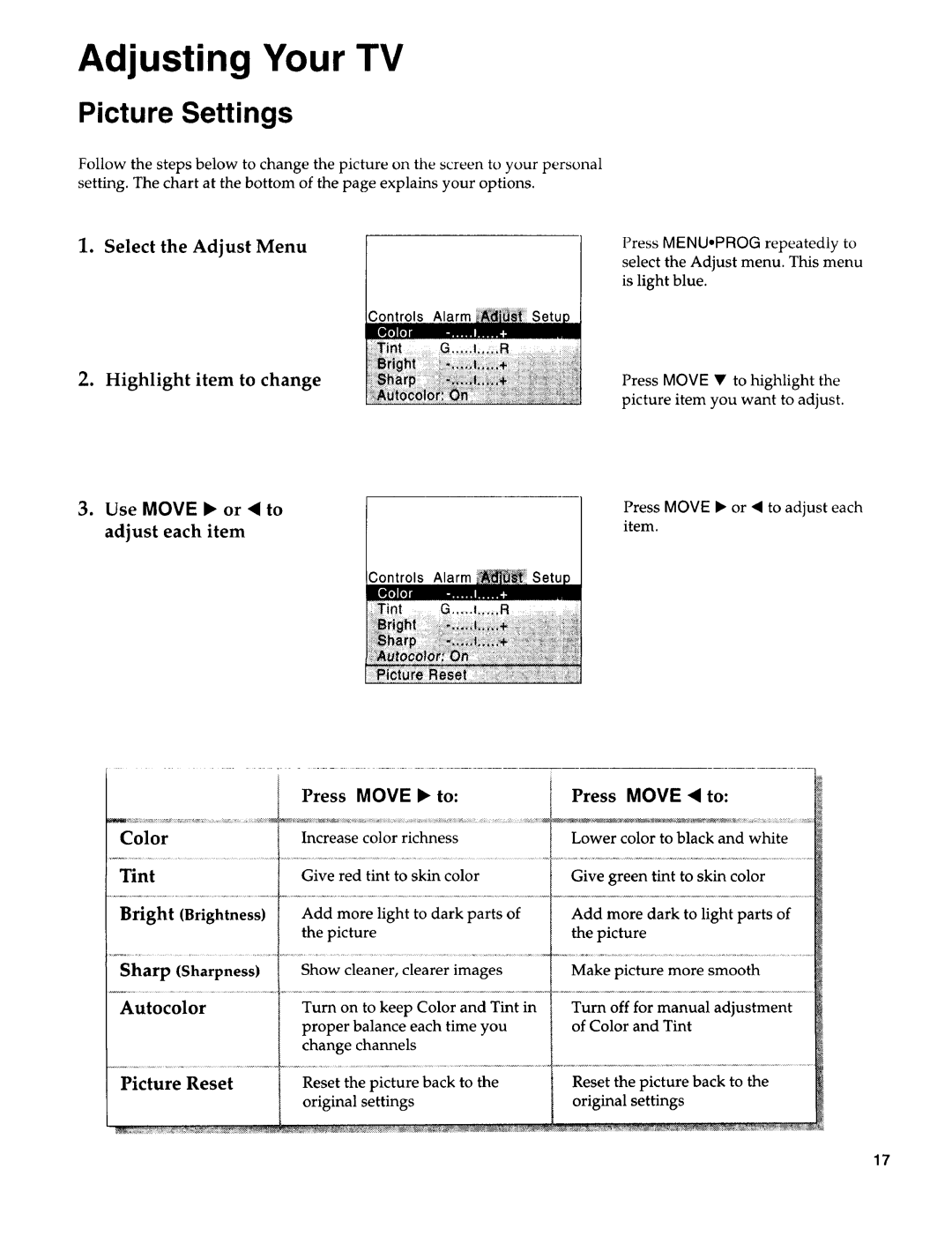 Sears 274.4394859 owner manual Picture Settings 