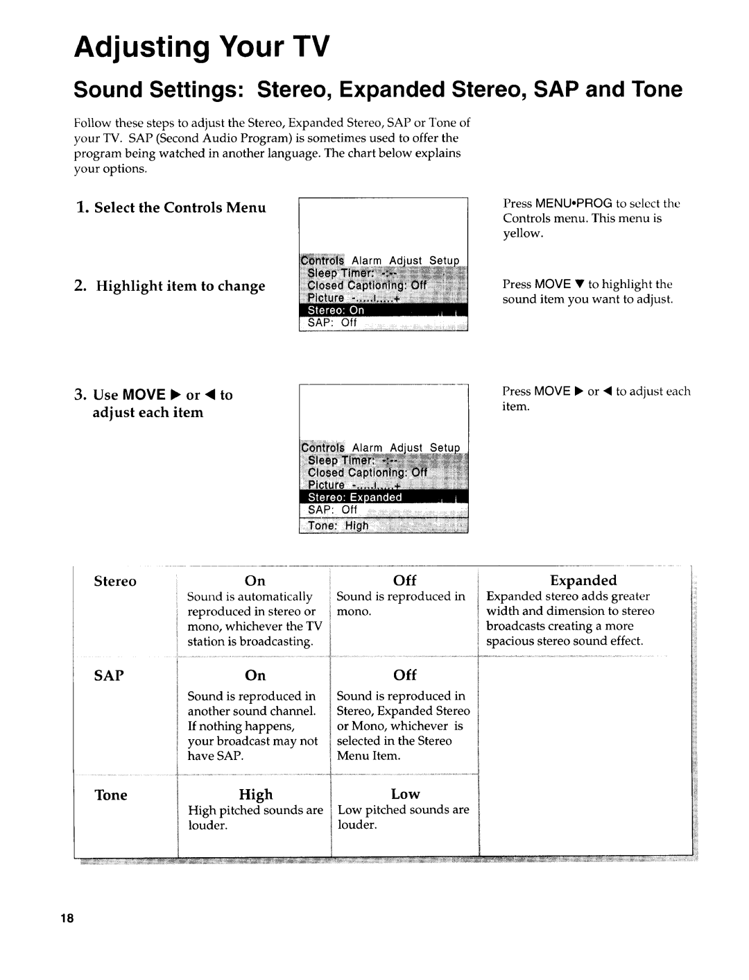 Sears 274.4394859 owner manual Sound Settings Stereo, Expanded Stereo, SAP and Tone, Off Expanded, High Low 