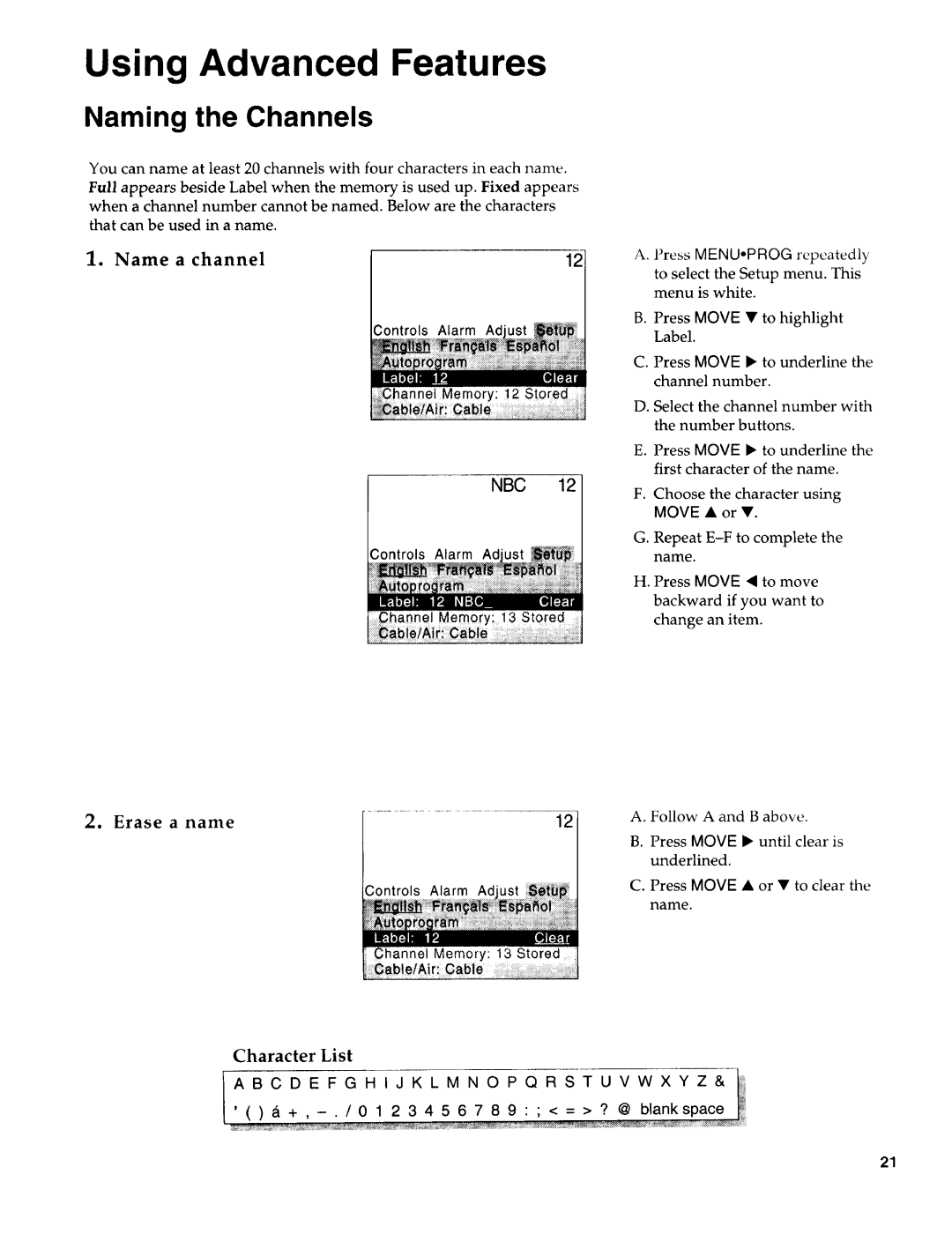 Sears 274.4394859 owner manual Naming the Channels, Name a channel, Erase a name, Character List 