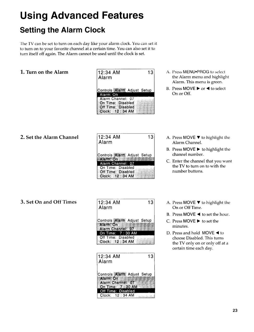 Sears 274.4394859 owner manual Setting the Alarm Clock, Turn on the Alarm, Set the Alarm Channel, Set On and Off Times 