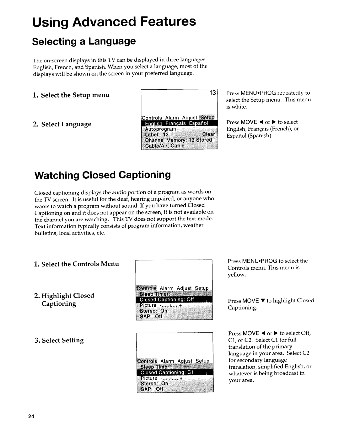 Sears 274.4394859 Selecting a Language, Watching Closed Captioning, Select Setup menu, Captioning Select Setting 