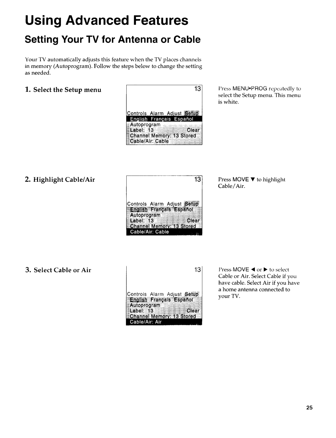 Sears 274.4394859 owner manual Setting Your TV for Antenna or Cable, Cable/Air, Select Cable or Air 