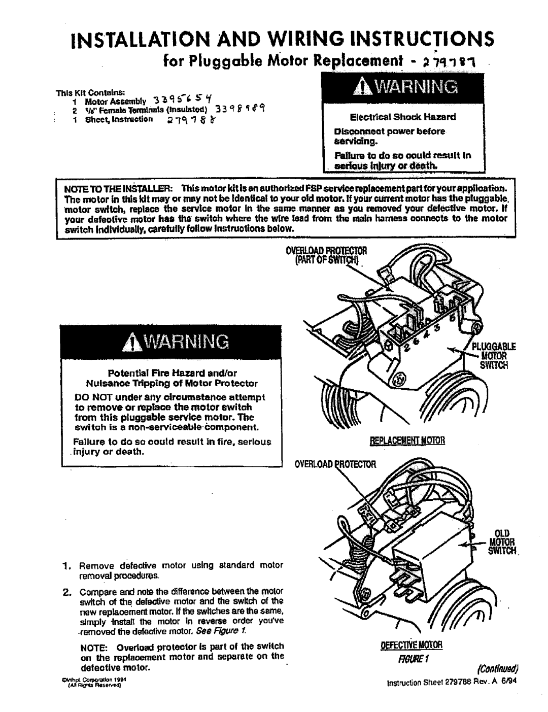 Sears 279787 manual Installation and Wiring Instructions 