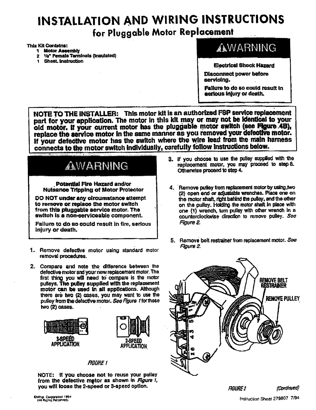 Sears 279827 manual Installation and Wiring Instructions, I0VE Pulley 