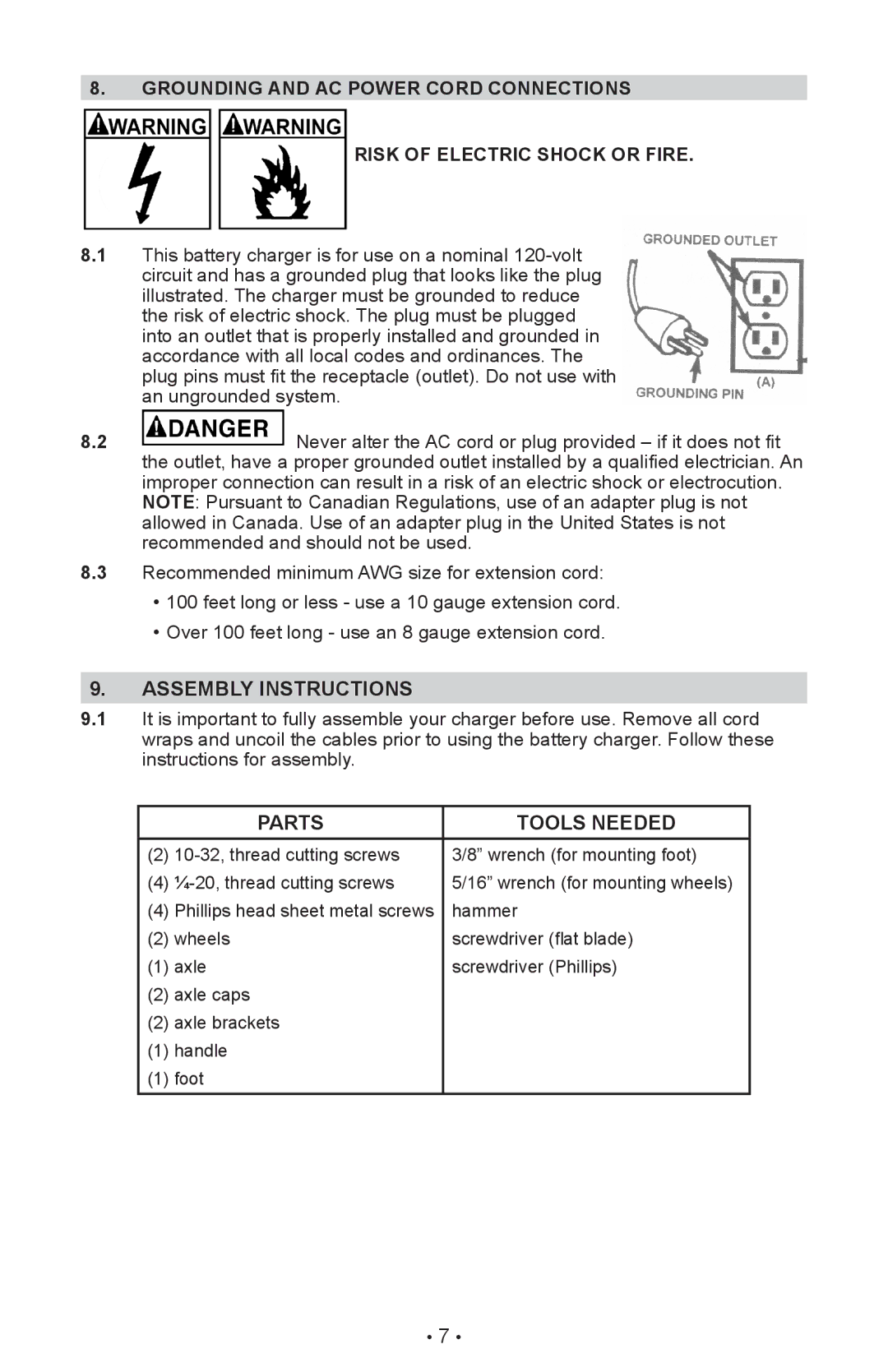 Sears 28.7123 operating instructions Assembly instructions, Grounding and ac power cord connections 