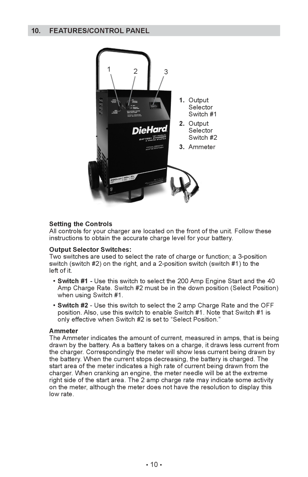 Sears 28.7123 operating instructions Features/Control Panel, Setting the Controls, Output Selector Switches, Ammeter 