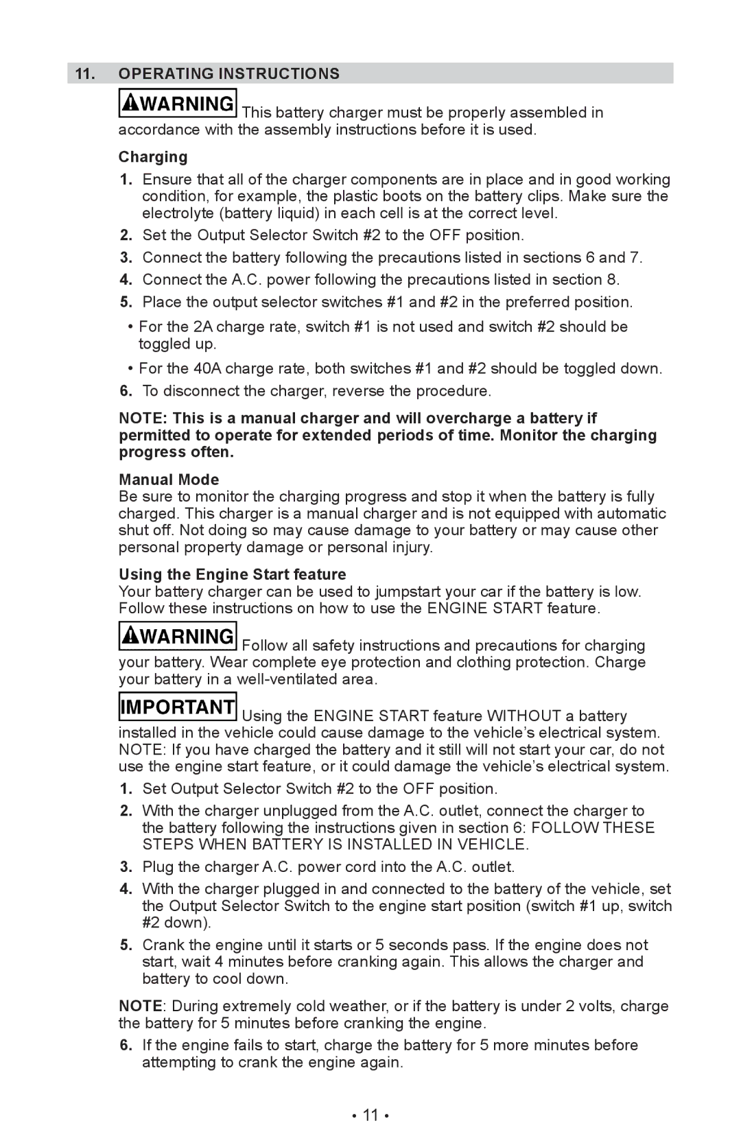 Sears 28.7123 operating instructions Operating Instructions, Charging, Manual Mode, Using the Engine Start feature 