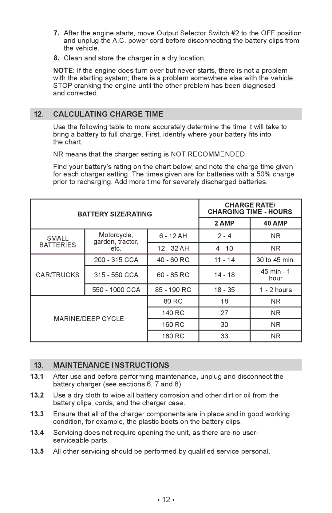 Sears 28.7123 operating instructions Calculating charge time, Charge Rate, Battery SIZE/RATING Charging Time Hours AMP 