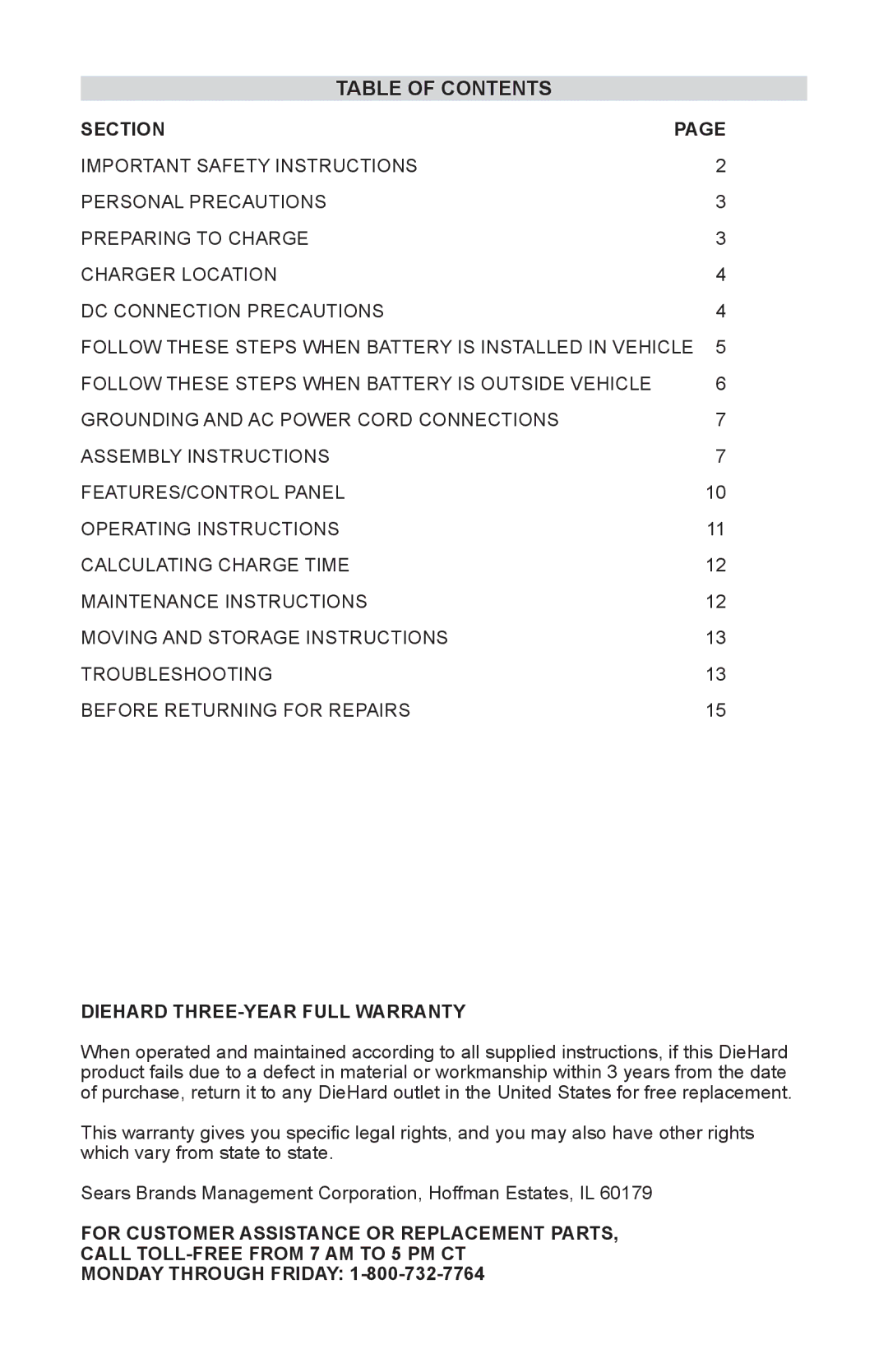 Sears 28.7123 operating instructions Table of Contents 