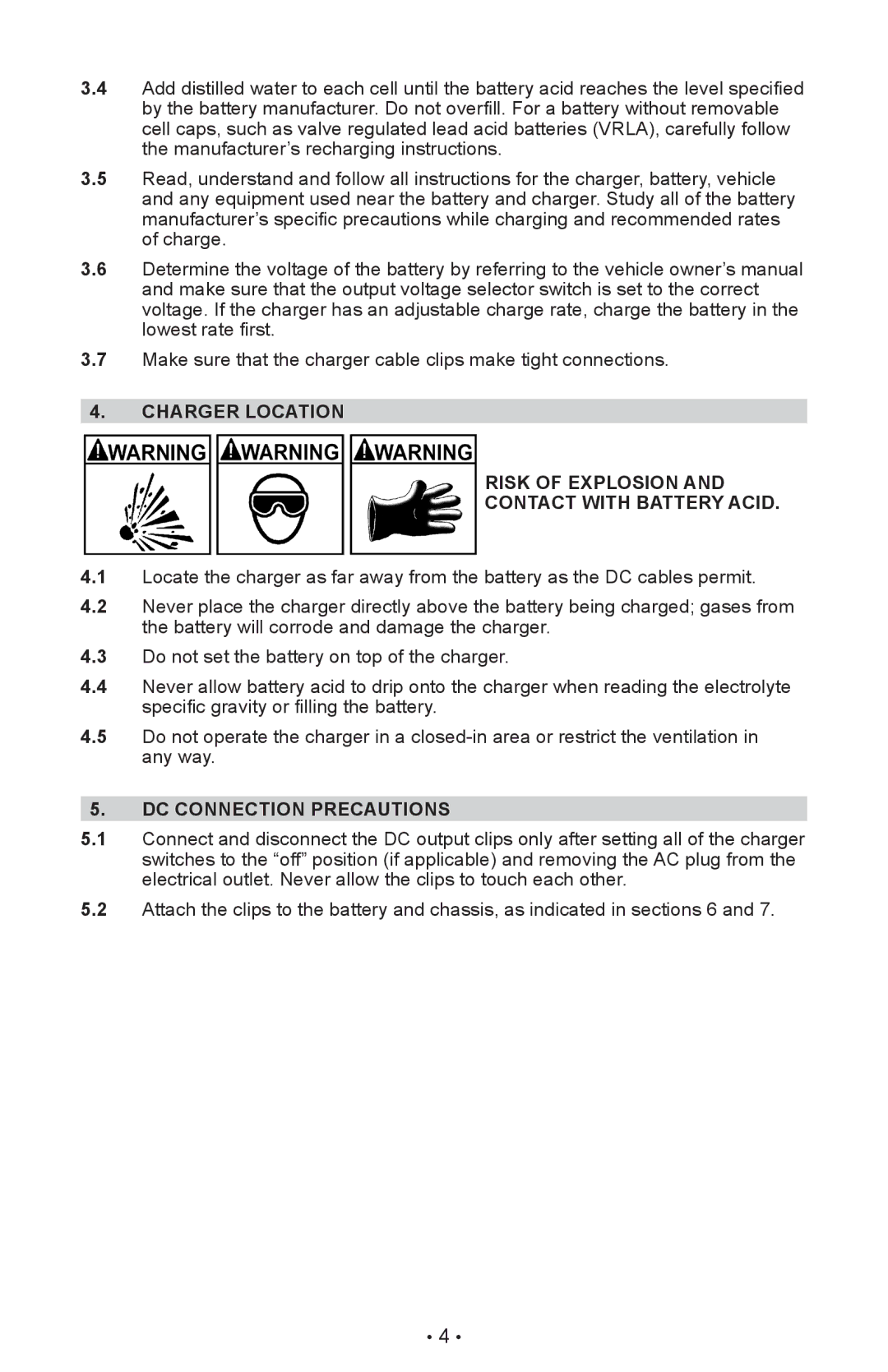 Sears 28.7123 Charger Location Risk of Explosion Contact with Battery Acid, DC Connection Precautions 