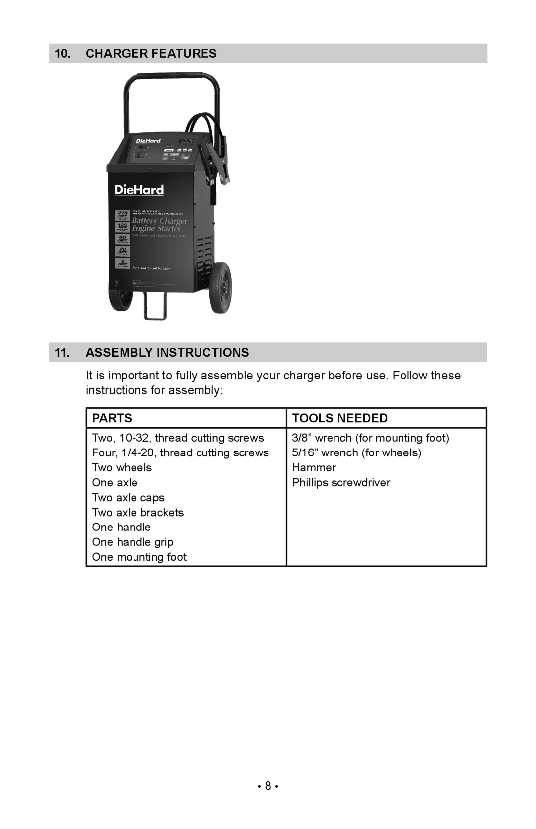 Sears 28.71234 operating instructions Charger features Assembly instructions, Parts Tools Needed 