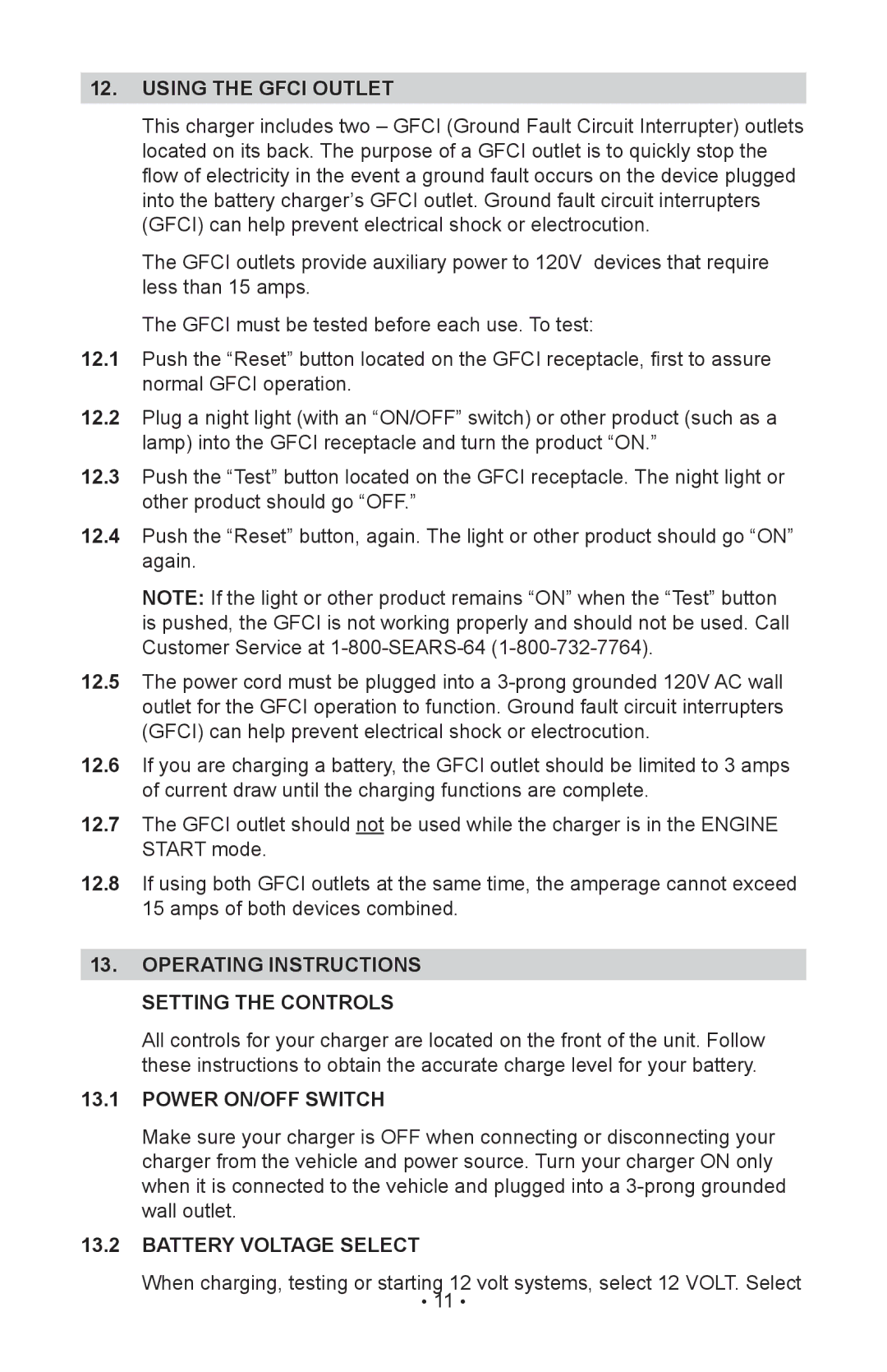 Sears 28.71234 Using the gfci outlet, Operating instructions, Setting the Controls, Power ON/OFF Switch 