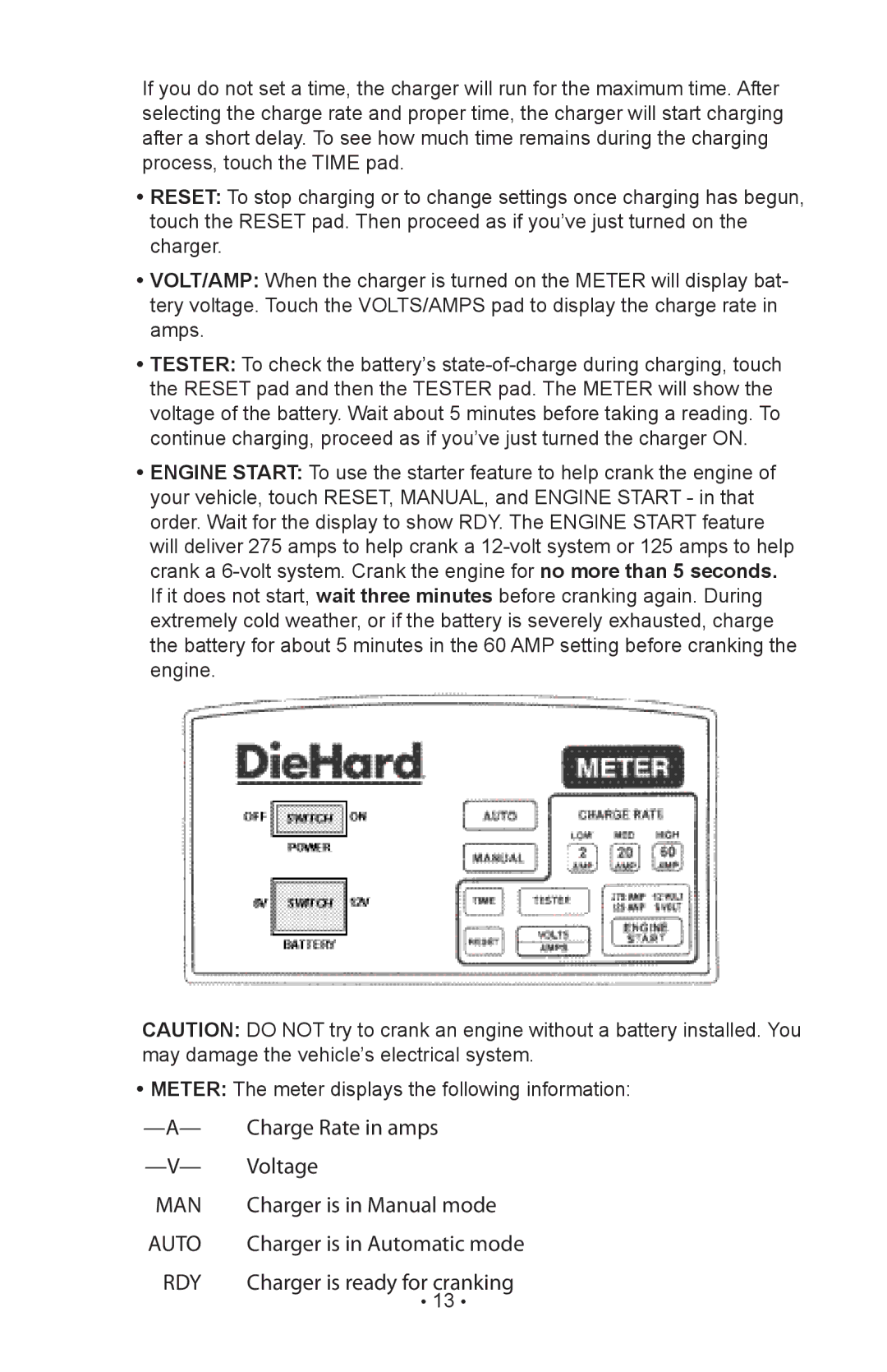 Sears 28.71234 operating instructions Charge Rate in amps, Voltage, Charger is in Manual mode 