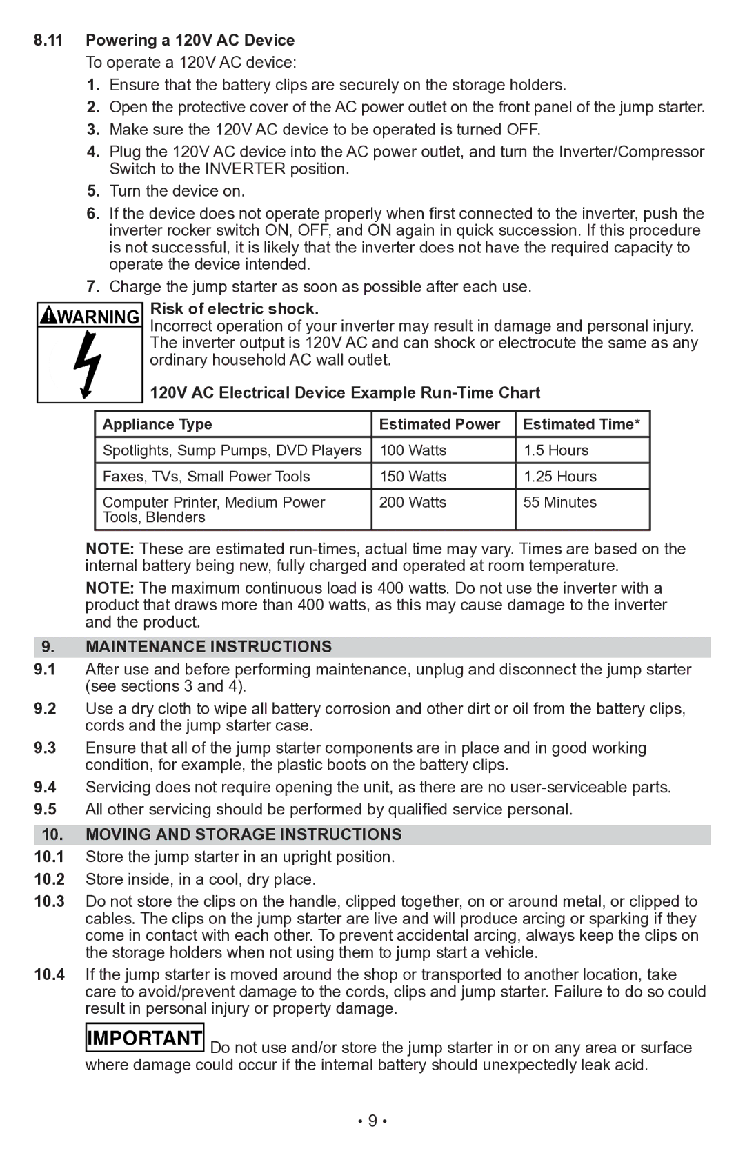 Sears 28.71988 Powering a 120V AC Device To operate a 120V AC device, Risk of electric shock, Maintenance Instructions 