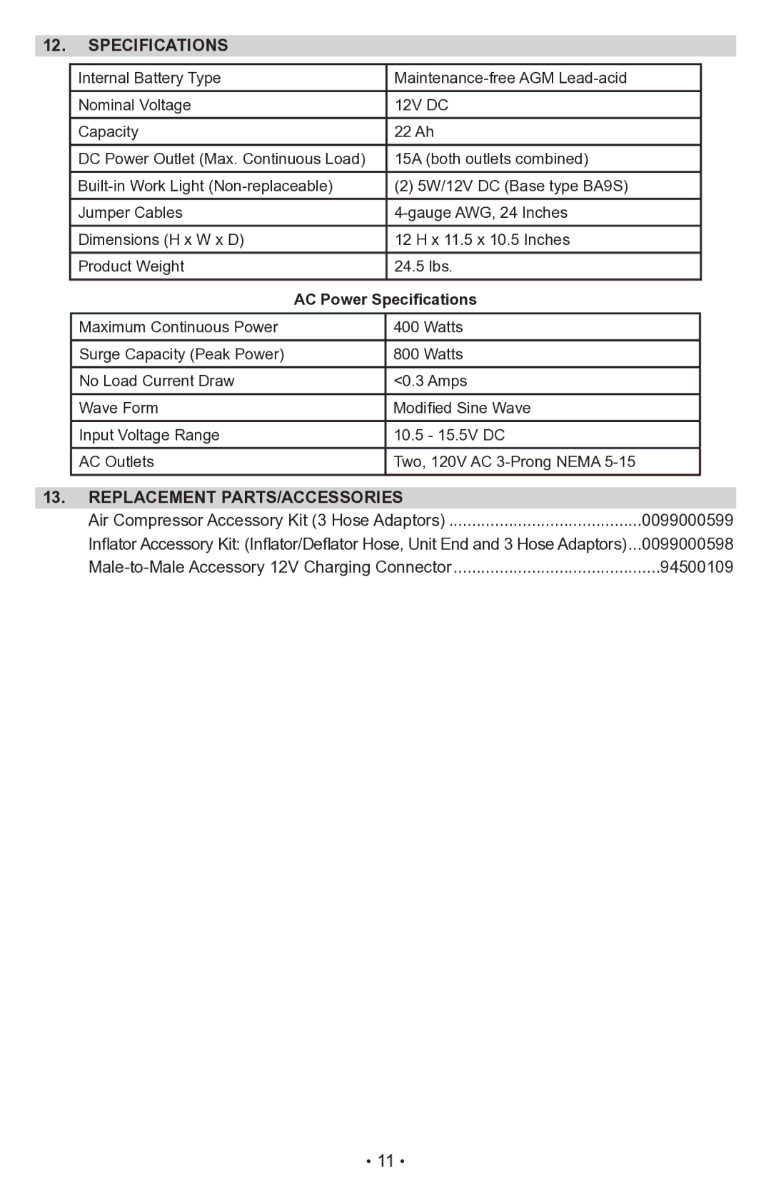 Sears 28.71988 operating instructions AC Power Specifications, Replacement PARTS/accessories 