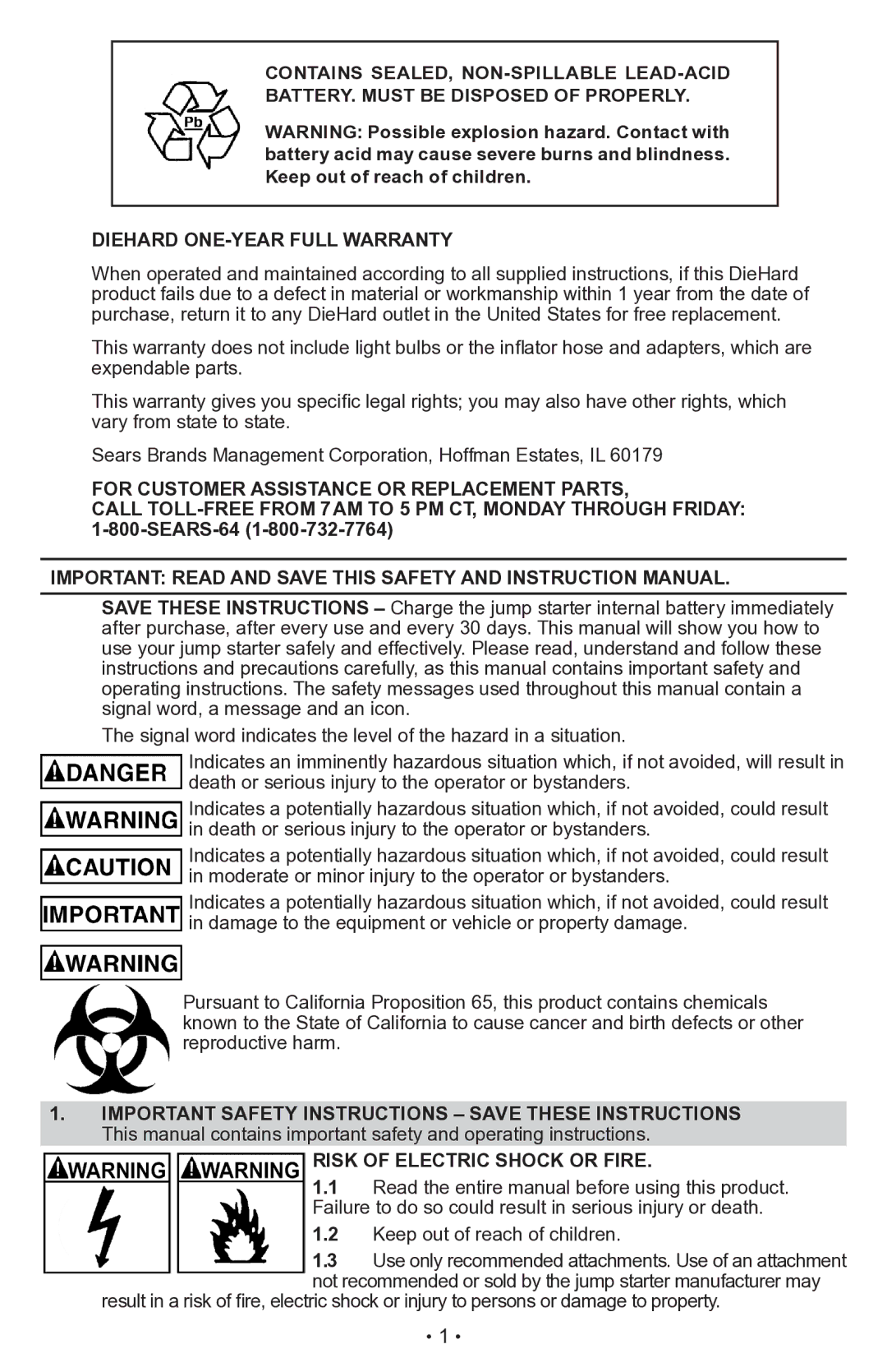 Sears 28.71988 operating instructions DieHard ONE-Year Full Warranty, Risk of Electric Shock or Fire 