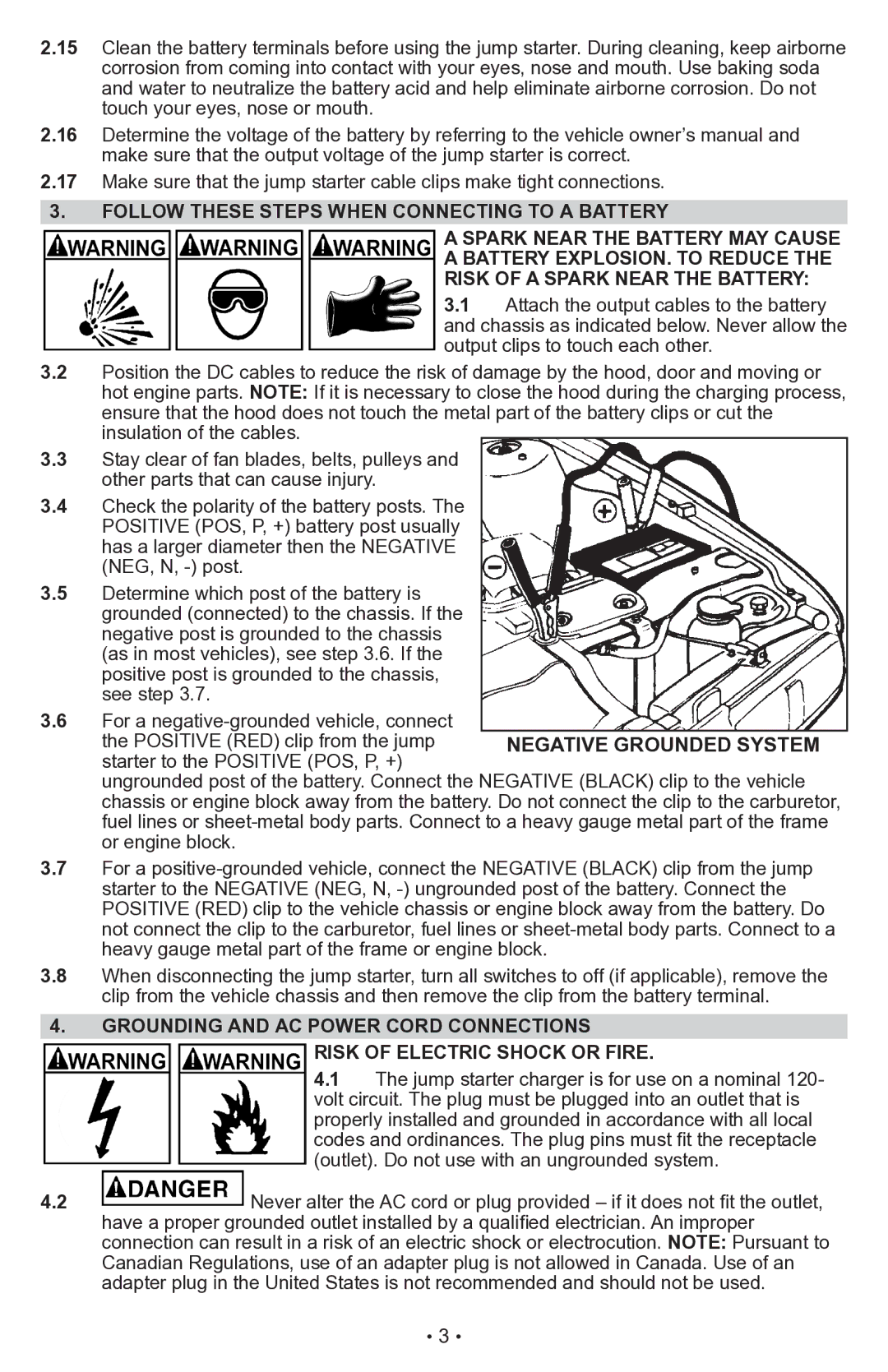 Sears 28.71988 Follow These Steps When connecting to a Battery, Grounding and AC power cord connections 